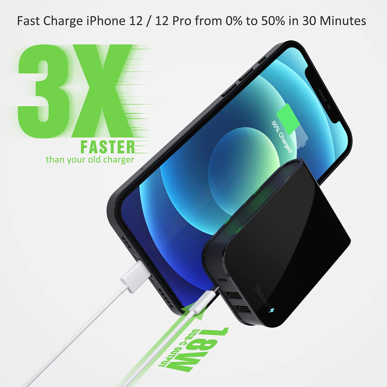 Nekmit 30W USB C Wall Charger with 18W PD & 2 USB Ports - Fast Charging for iPhone 12/12 Pro/12 Pro Max, Galaxy S21/S20, iPad Pro, AirPods Pro - Compact & Lightweight for Travel, Home & Office Use