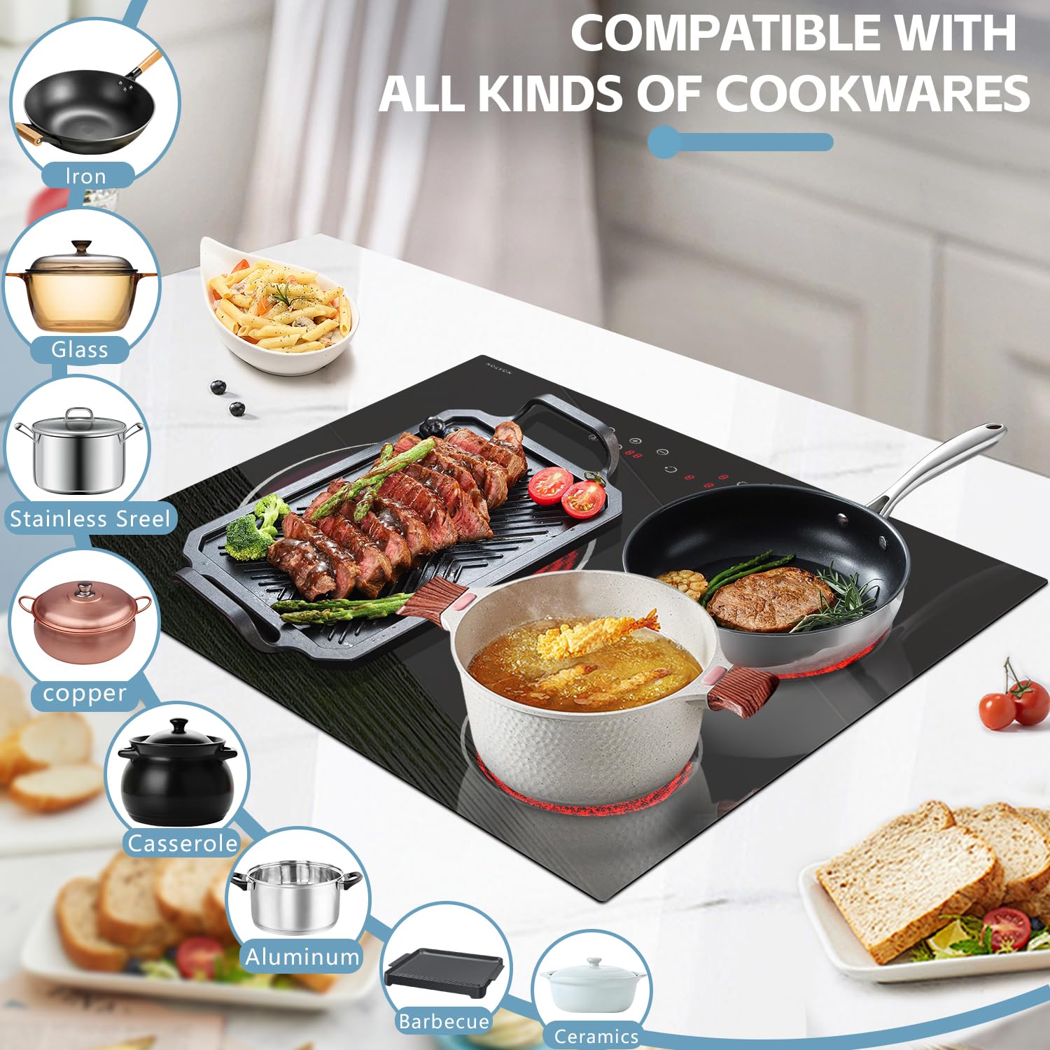 Noxton 24 Inch Electric Cooktop - 3 Burner Built-in Ceramic Stove with Expandable Cooking Zones, 5700W 220-240V Hardwired - Perfect for Home Kitchen, RV & Small Spaces