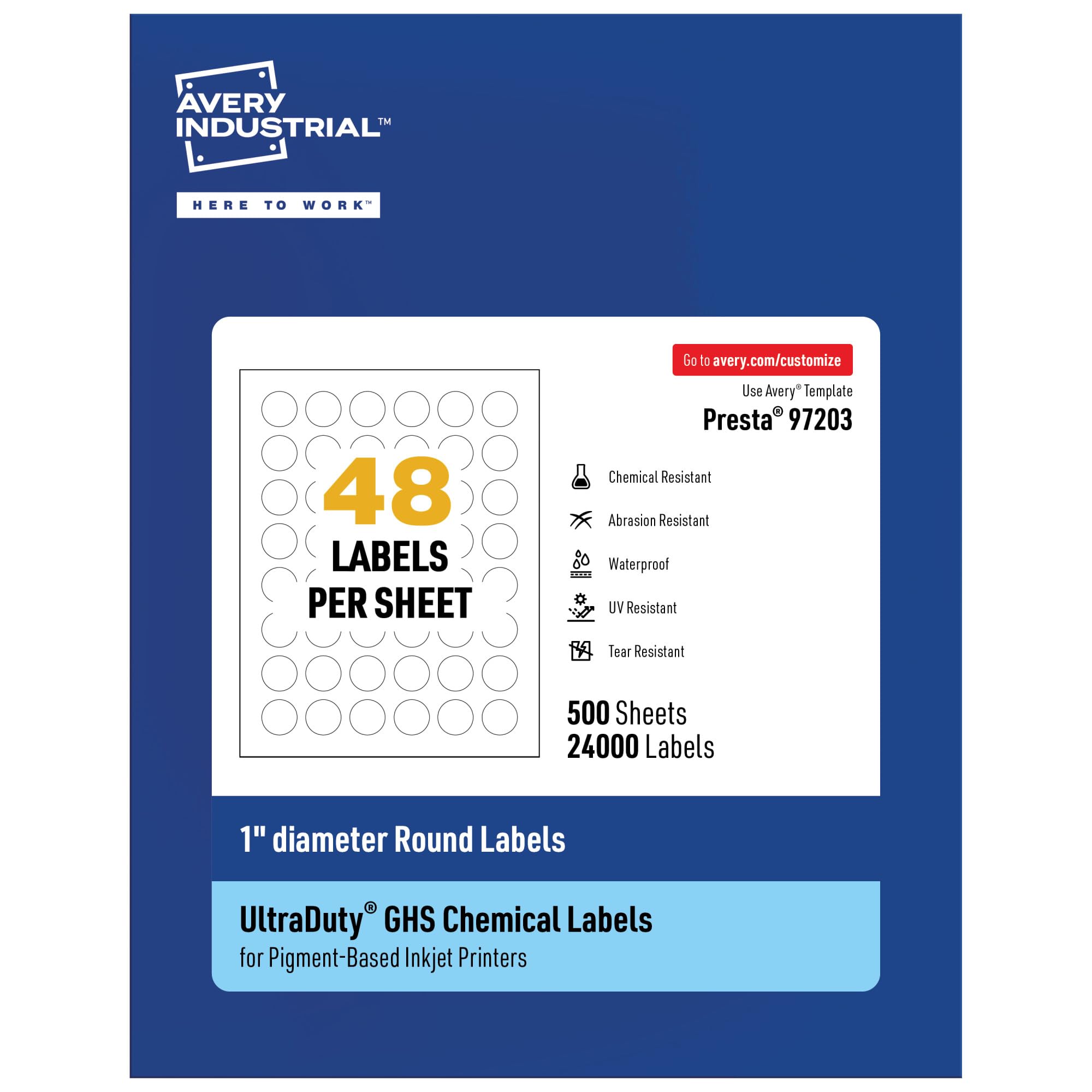 Avery UltraDuty GHS Labels - 1 Inch Round Waterproof Labels (Pack of 24,000) for Pigment Inkjet Printers | Chemical Safety, Industrial & Laboratory Use