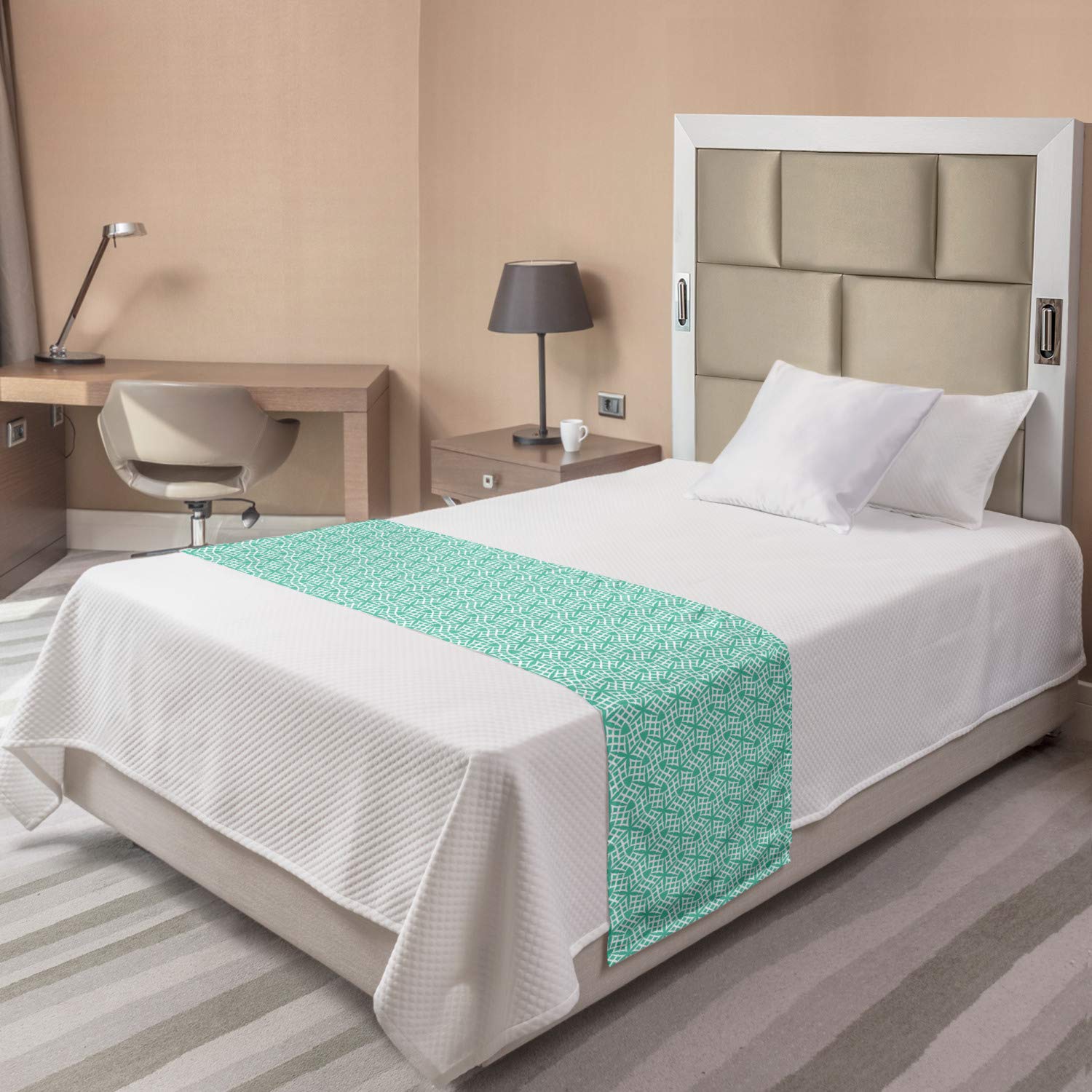 Ambesonne Aqua Damask Bed Runner - Modern Star Floral Monochrome Design, Decorative Bed Scarf for Queen King Beds, Hotel & Home Decor in Seafoam White | Perfect for Guest Rooms, Master Bedrooms & Luxury Bedding Accents