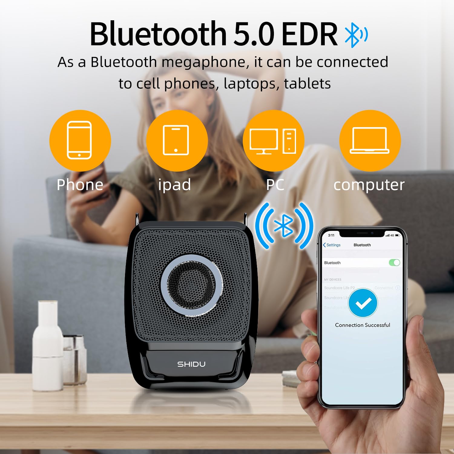SHIDU Wireless Voice Amplifier with Microphone - Portable Bluetooth Megaphone Speaker for Teachers, Tour Guides, Meetings & Public Speaking | Ideal for Classroom, Outdoor Events & Presentations