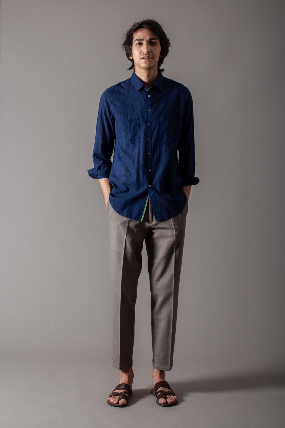 Andaaz Lattice Shirt - Handwoven Chambray Cotton Top in Navy Blue | Casual Wear & Boho Style for Women