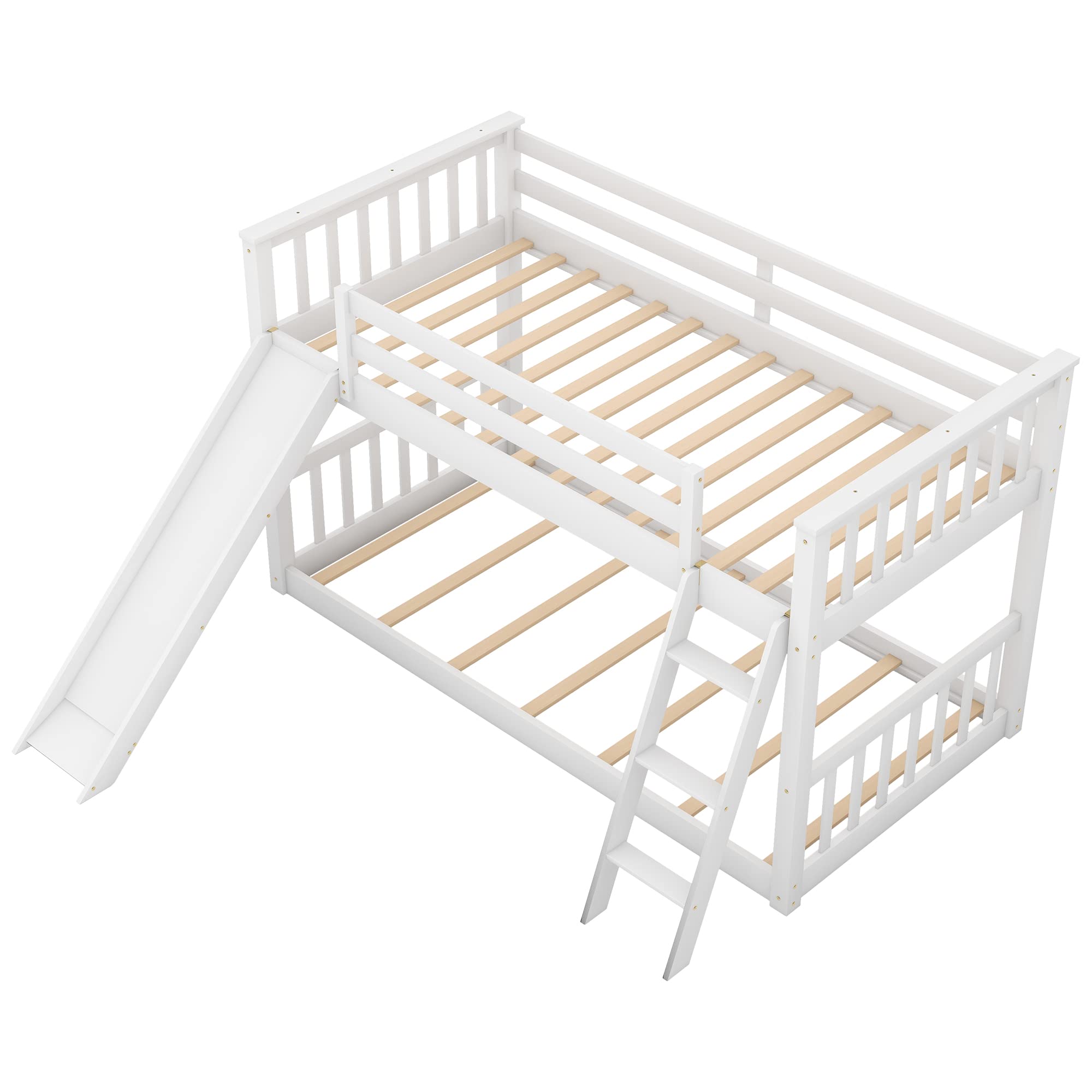 Harper & Bright Solid Wood Twin Over Twin Low Bunk Bed with Slide & Angled Ladders - Kids Bunk Bed for Toddlers to Teens (White) - Perfect for Small Bedrooms, Shared Kids Rooms & Sleepovers