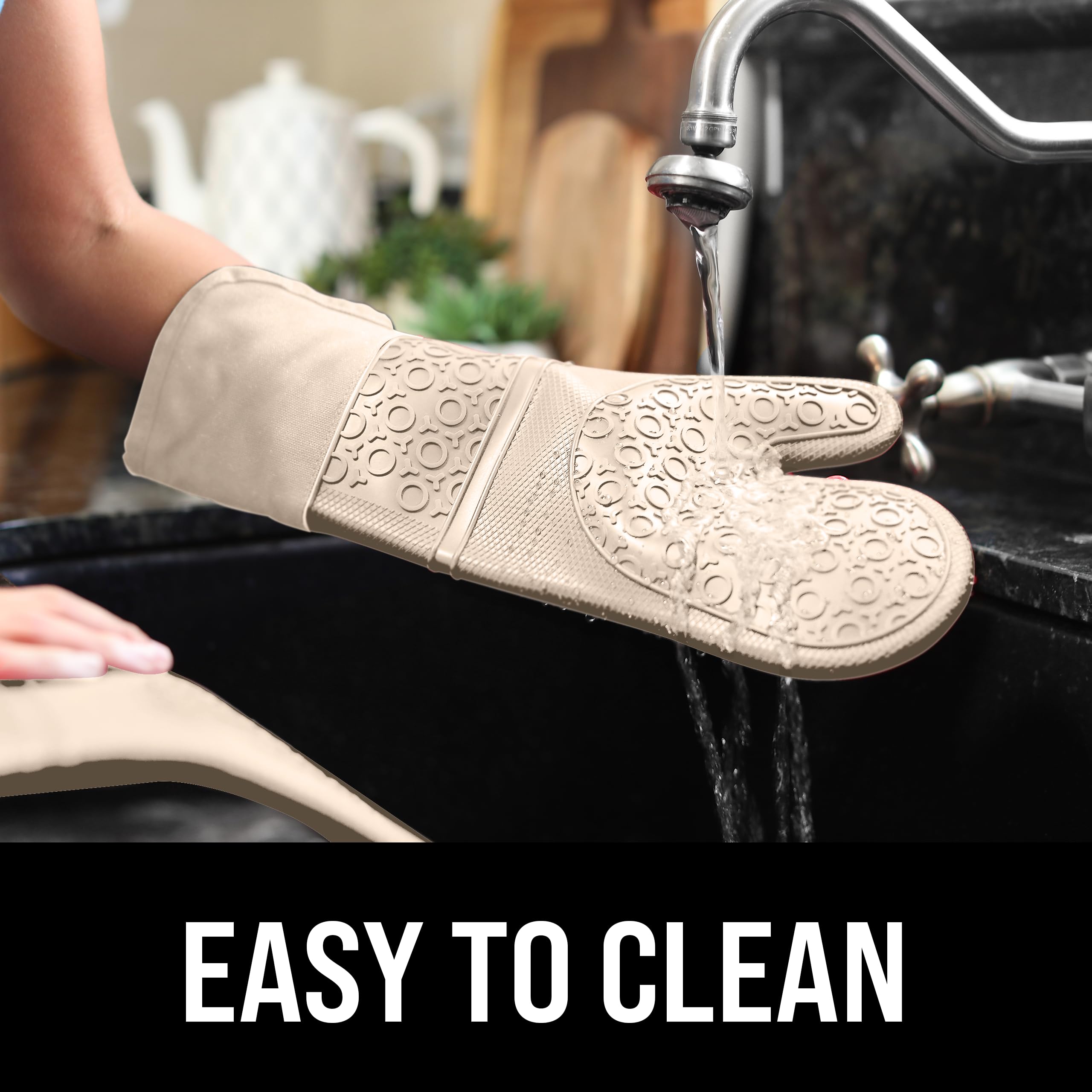 Extra Long Professional Silicone Oven Mitts - Heat Resistant Up to 500°F, Quilted Cotton Liner for Maximum Protection, Flexible Kitchen Gloves for Baking, Grilling & Cooking (1 Pair, Beige, 14.7 Inch) - Perfect for BBQ, Roasting & Handling Hot Pots/Pans