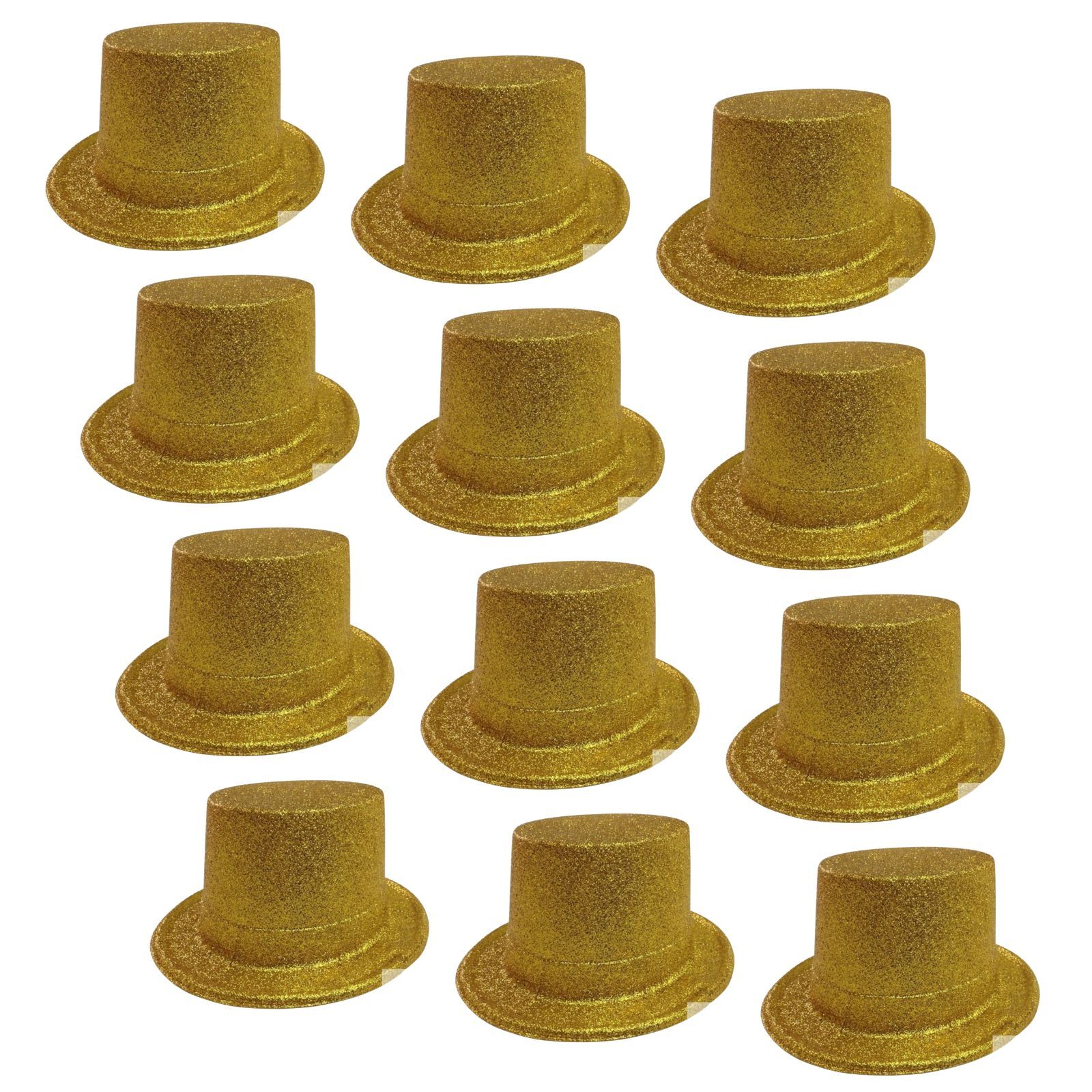 12 Pack Glitter Top Hats for Parties - Shiny Gold Plastic Costume Hats for Dress Up, Halloween, Mardi Gras & Themed Events - Bulk Fancy Hats for Adults & Kids