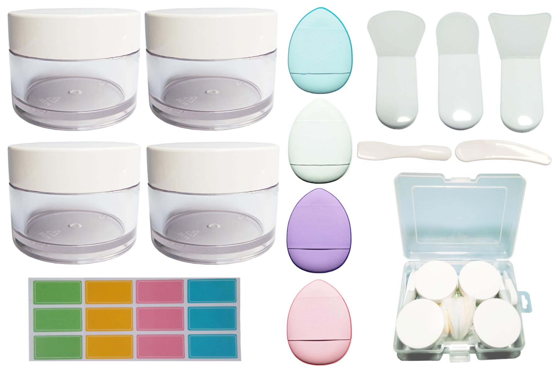 1 oz Thick PETG Plastic Travel Jars with Lids - Leakproof Containers for Creams, Lotions, Powders - Perfect for Toiletries, Makeup, Pill Organizers & Travel Essentials (Includes Silicone Makeup Brush & Sponge Puff) - Ideal for DIY Beauty, Skincare Samples & On-the-Go Storage