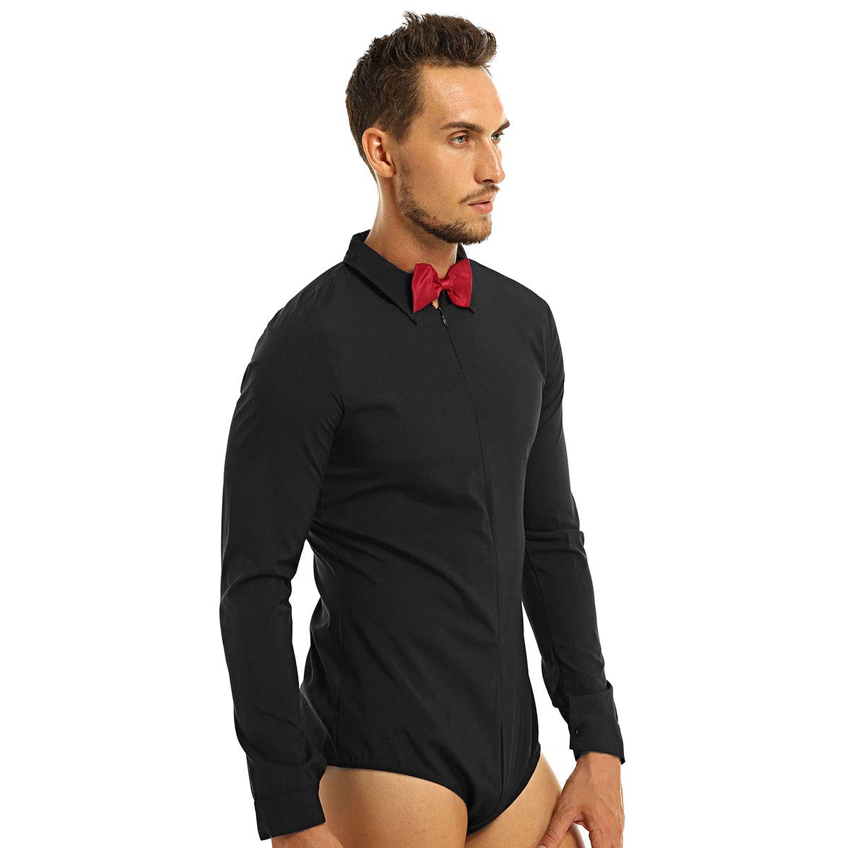 Men's Long Sleeve Latin Dance Shirt Bodysuit with Bowtie - Modern One-Piece Dance Romper Leotard Top for Salsa, Bachata & Ballroom Performance