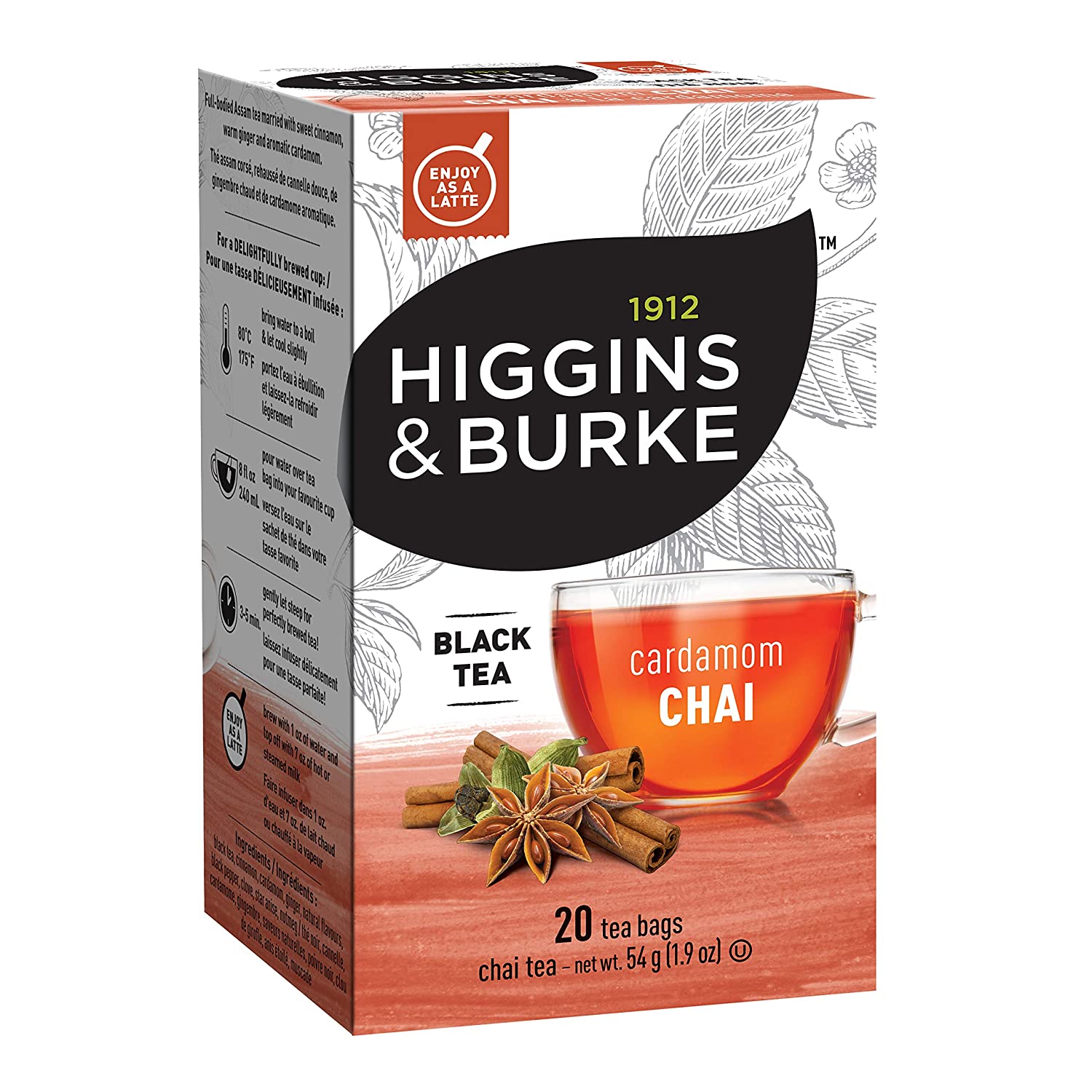 Premium Higgins & Burke Cardamom Chai Tea Bags - 20 Count | Spiced Black Tea for Relaxation & Energy | Perfect for Morning Boost & Afternoon Break