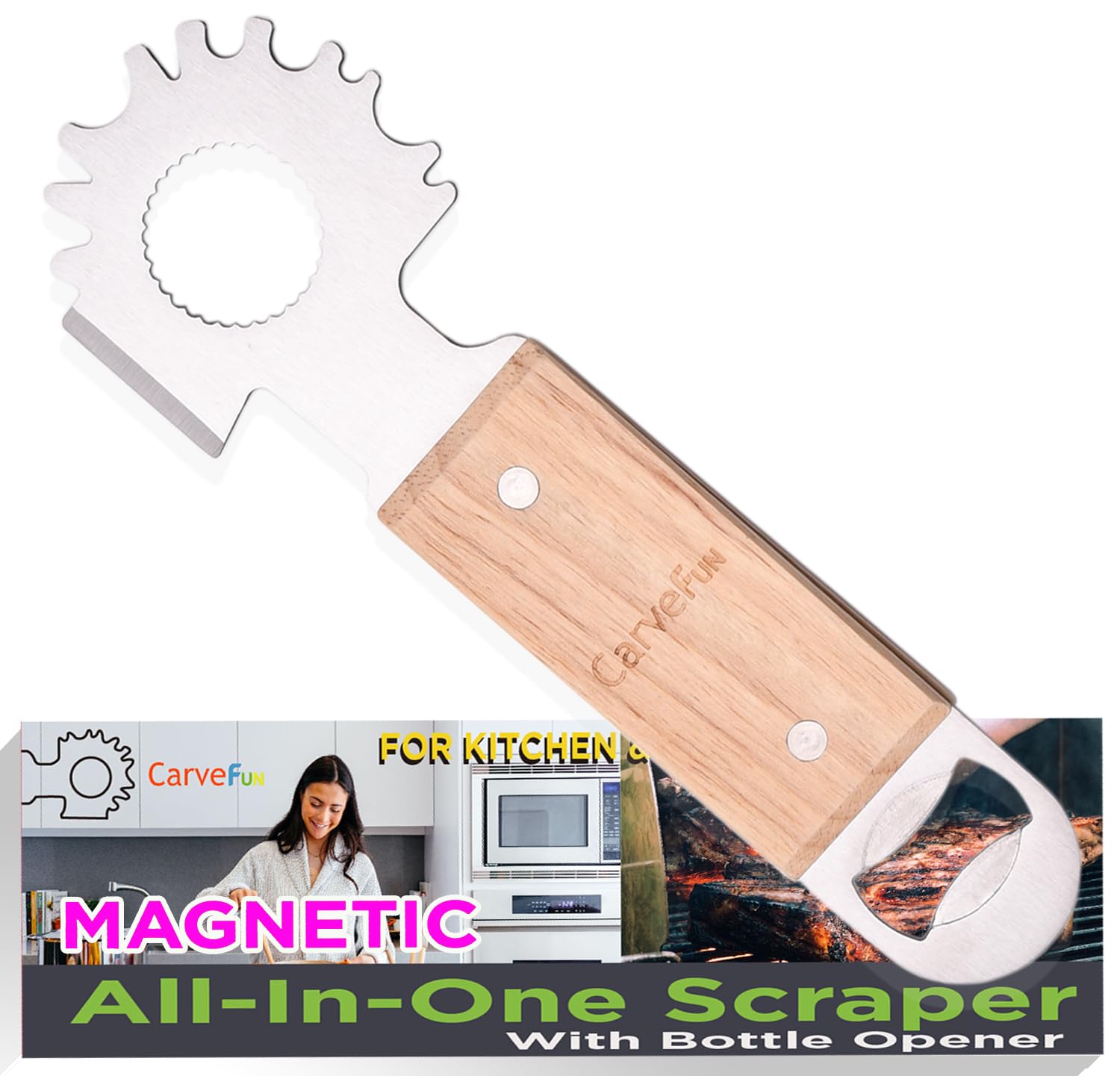 **Stainless Steel Magnetic BBQ Grill Scraper & Bottle Opener – Bristle-Free Grill Grate Cleaner for Most Grills, Griddles & Ovens – Perfect for Outdoor Cooking, Camping & Backyard BBQs**