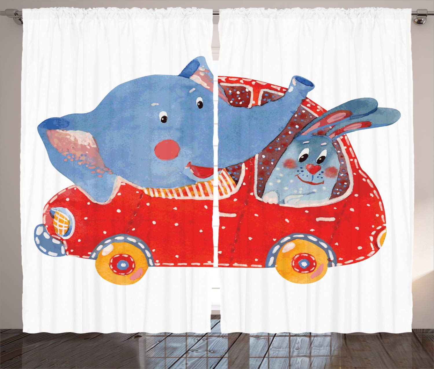 Ambesonne Cartoon Curtains - Watercolor Sketch of Young Blushed Elephant & Hare in Small Car Travel Adventure | 2 Panel Set for Living Room & Bedroom Windows | 108