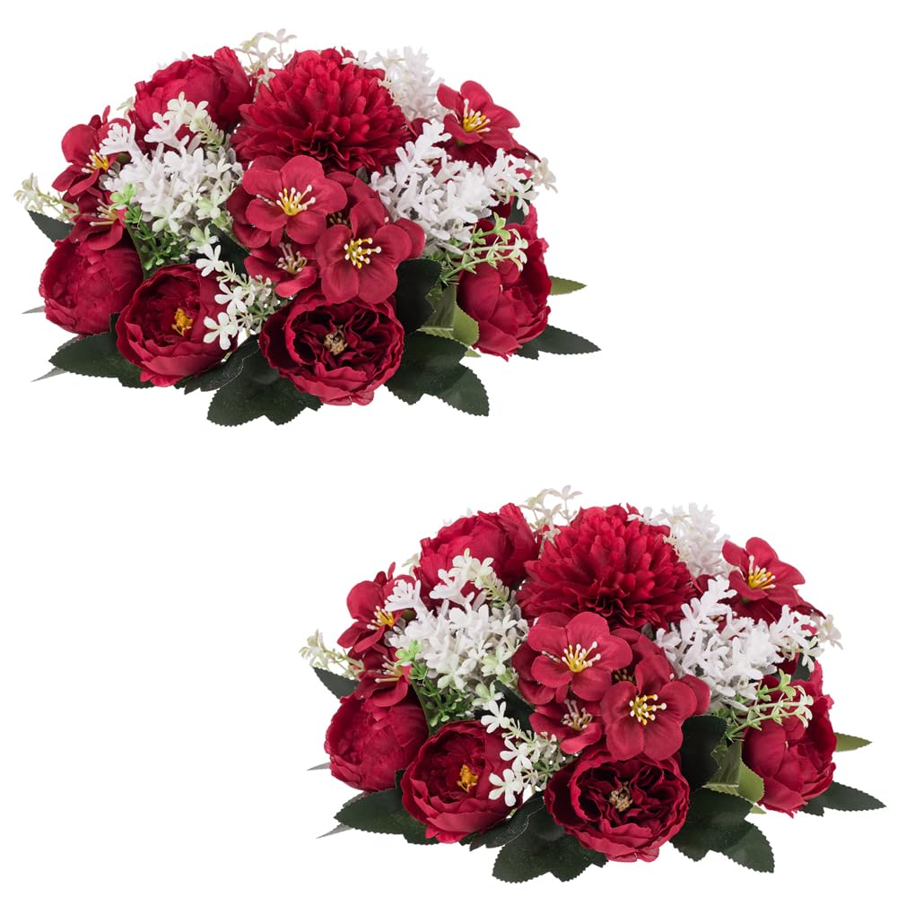 2 Pack Artificial Rose Flower Balls for Wedding Centerpieces - Small Crimson Fake Flower Bouquet Arrangement for Party, Anniversary, Home Decor - Perfect for Table Decorations, Bridal Showers & Romantic Events
