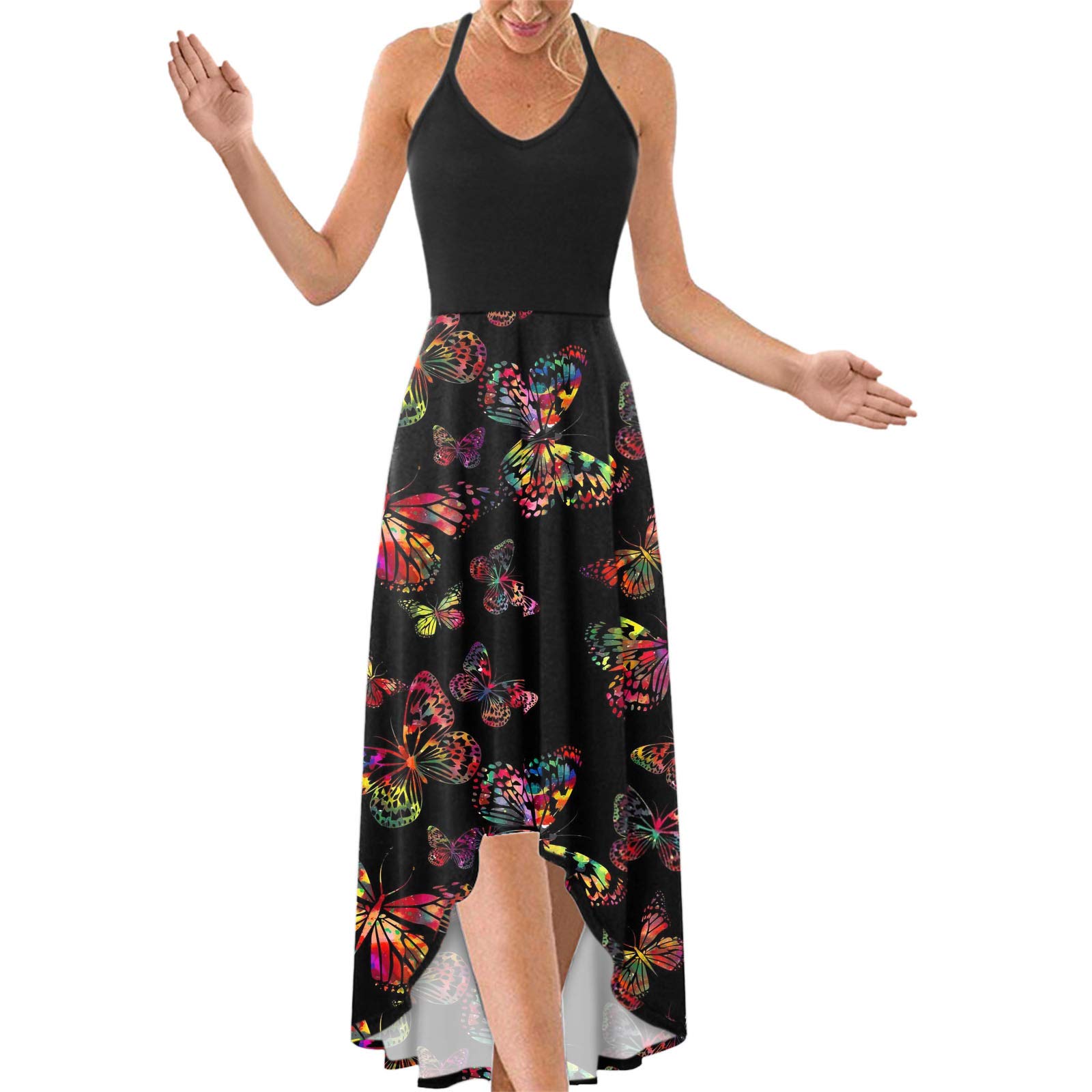 ONHUON Women's Boho Floral Print V-Neck Sleeveless Midi Dress - Casual Summer Patchwork Long Maxi Dress for Beach, Vacation & Outdoor Parties
