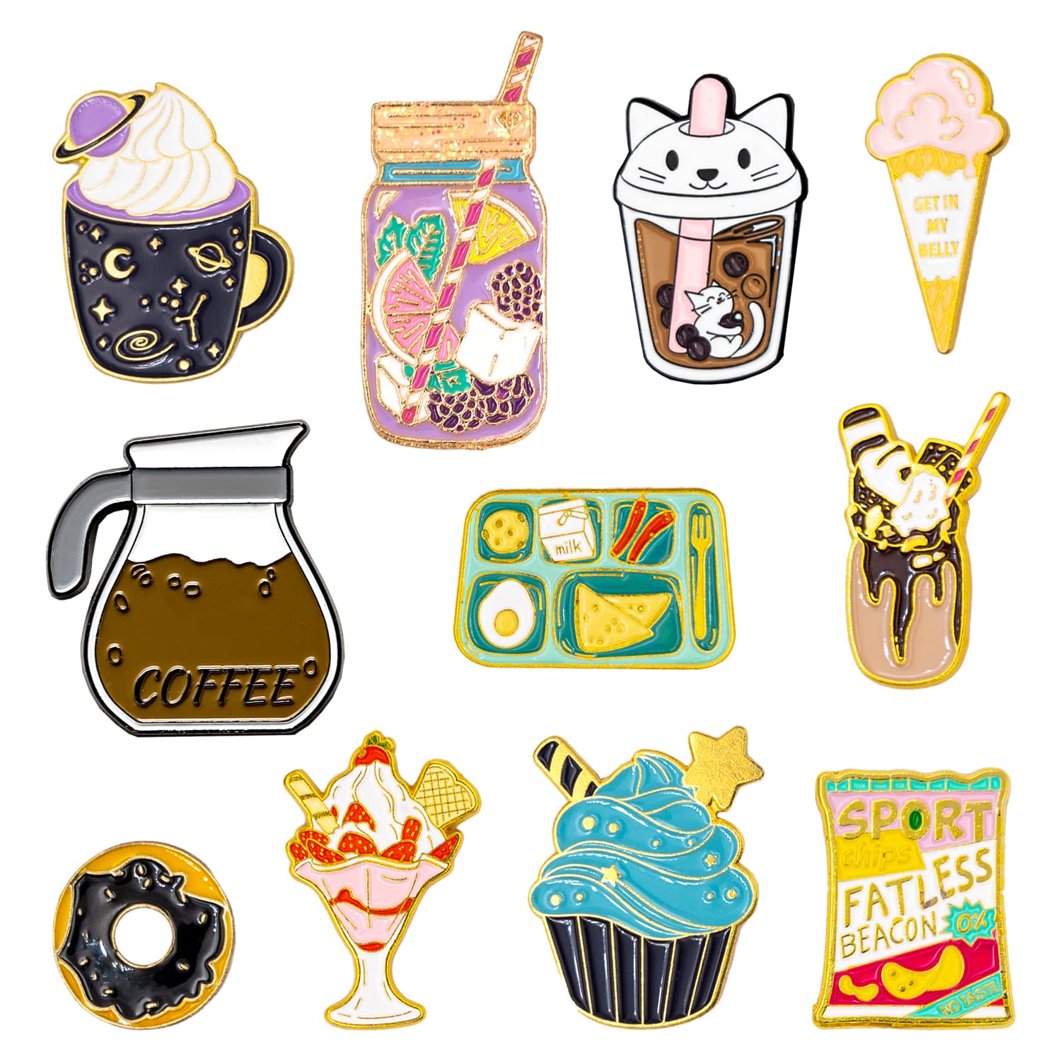 11-Piece Enamel Pin Badge Set - Fashion Brooch Pins for Women & Teens - Metal Lapel Pins for Jackets, Bags, Hats & DIY Crafts (Gourmet Food Theme) - Perfect for Outfits, Backpacks & Gifts