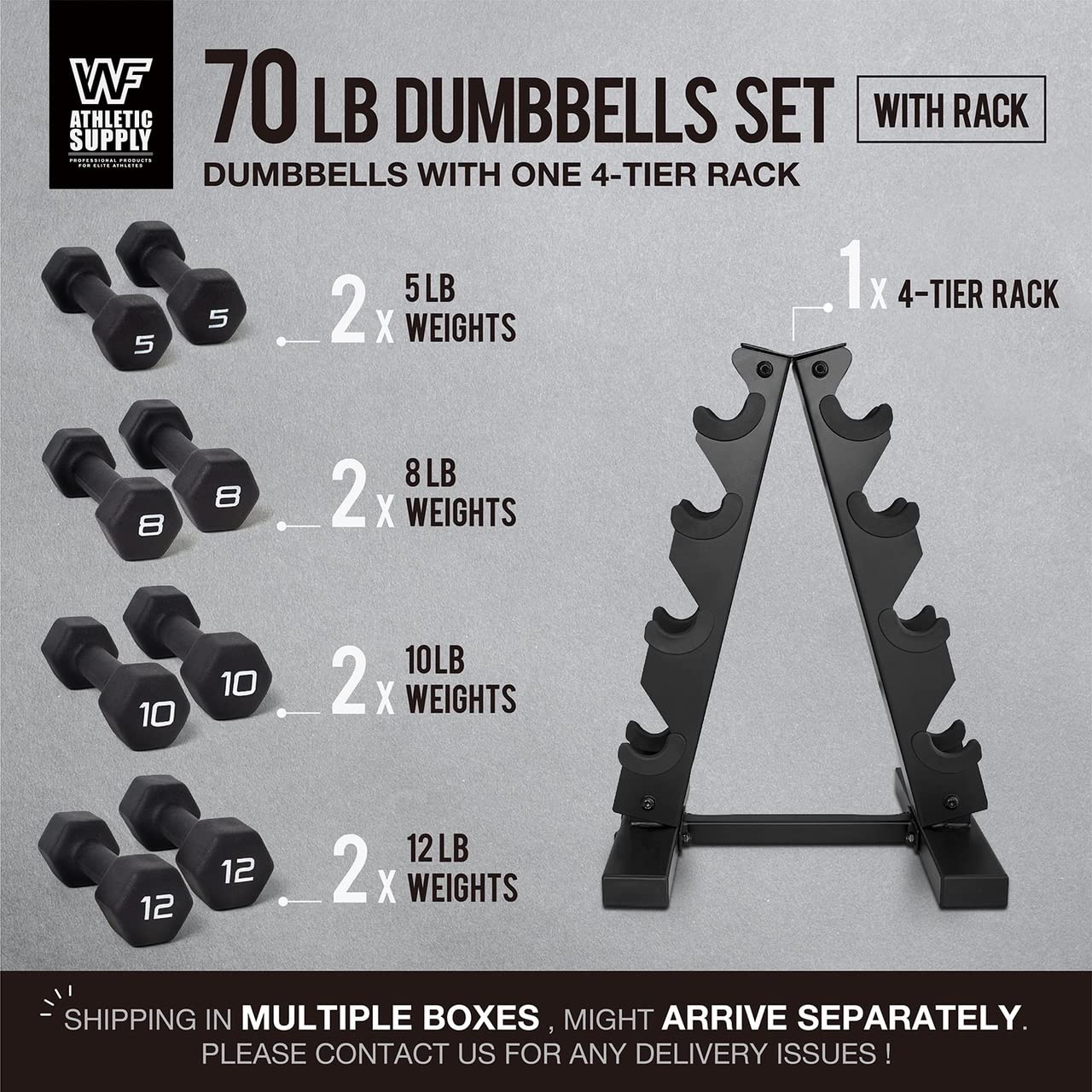 WF Athletic Supply Black Neoprene Dumbbell Set - Non-Slip Hex Shaped Weights for Muscle Toning, Strength Training & Weight Loss | Multiple Sizes Available (Dumbbells Only or with Rack) | Perfect for Home Gym, CrossFit & Fitness Enthusiasts