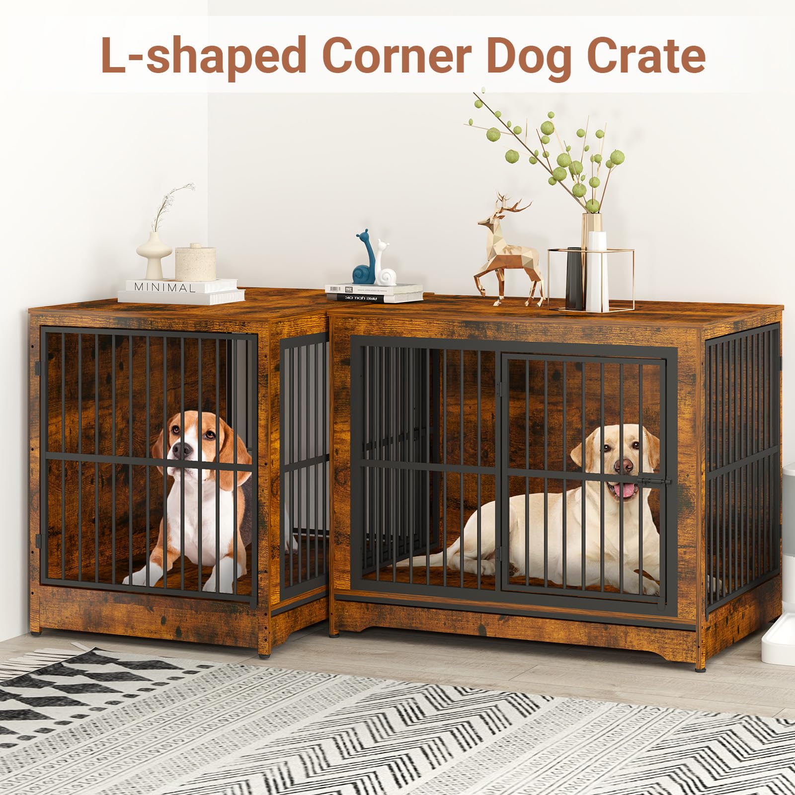 86 Inch Double Dog Crate Furniture with Divider - 4-in-1 Convertible Large Dog Kennel for 2 Dogs - Rustic Brown Corner Pet Crate for Small, Medium & Large Breeds - Perfect for Living Rooms, Bedrooms & Home Offices