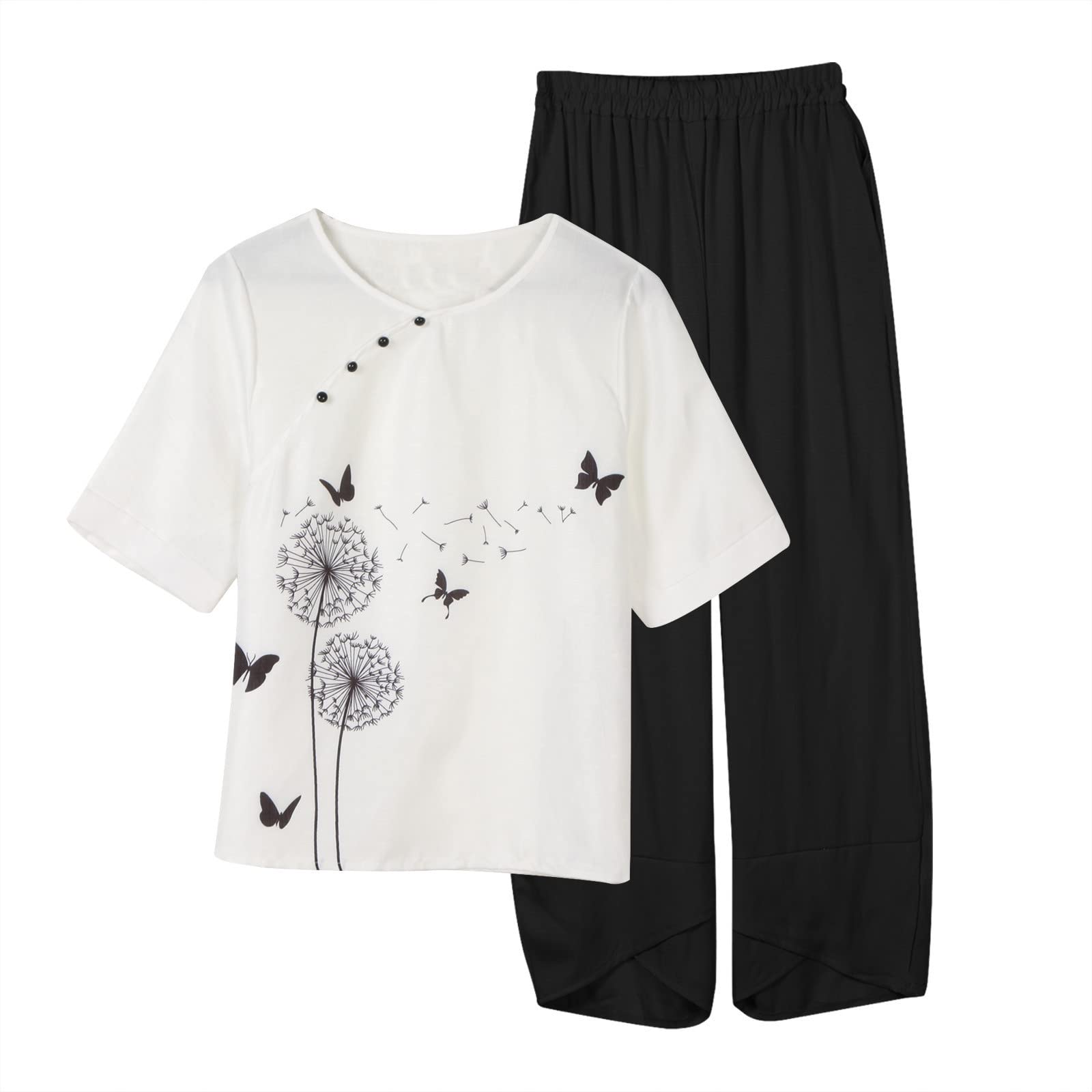 Women's Summer Linen Outfits - 2 Piece Lounge Set with Half Sleeve T-Shirt & Cotton Linen Pants | Plus Size Vacation Wear for Beach, Travel & Casual Comfort