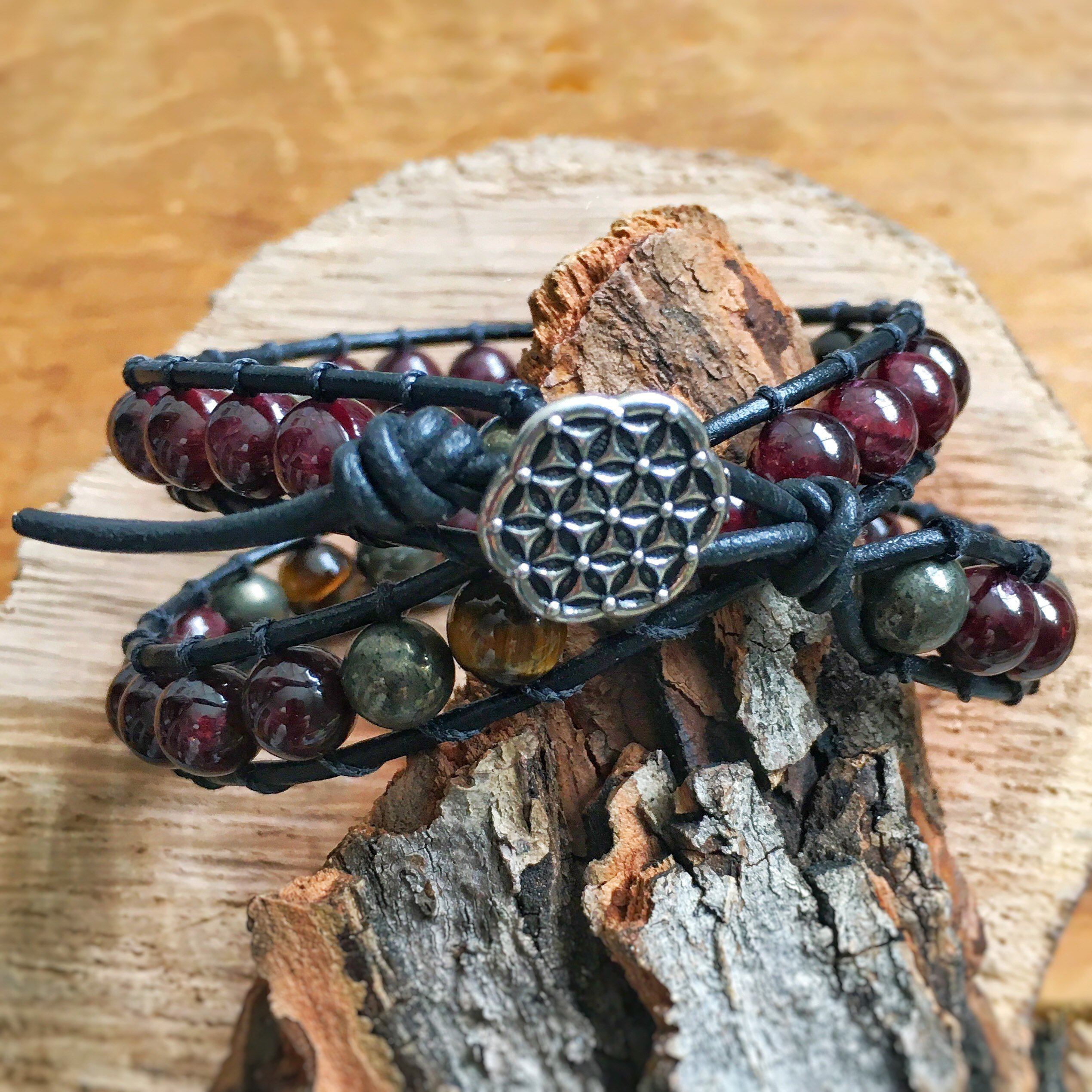 Garnet Bracelet & Tiger's Eye Leather Wrap Bracelet for Women - Prosperity & Fortitude Stone Jewelry - Perfect for Meditation, Yoga & Spiritual Healing