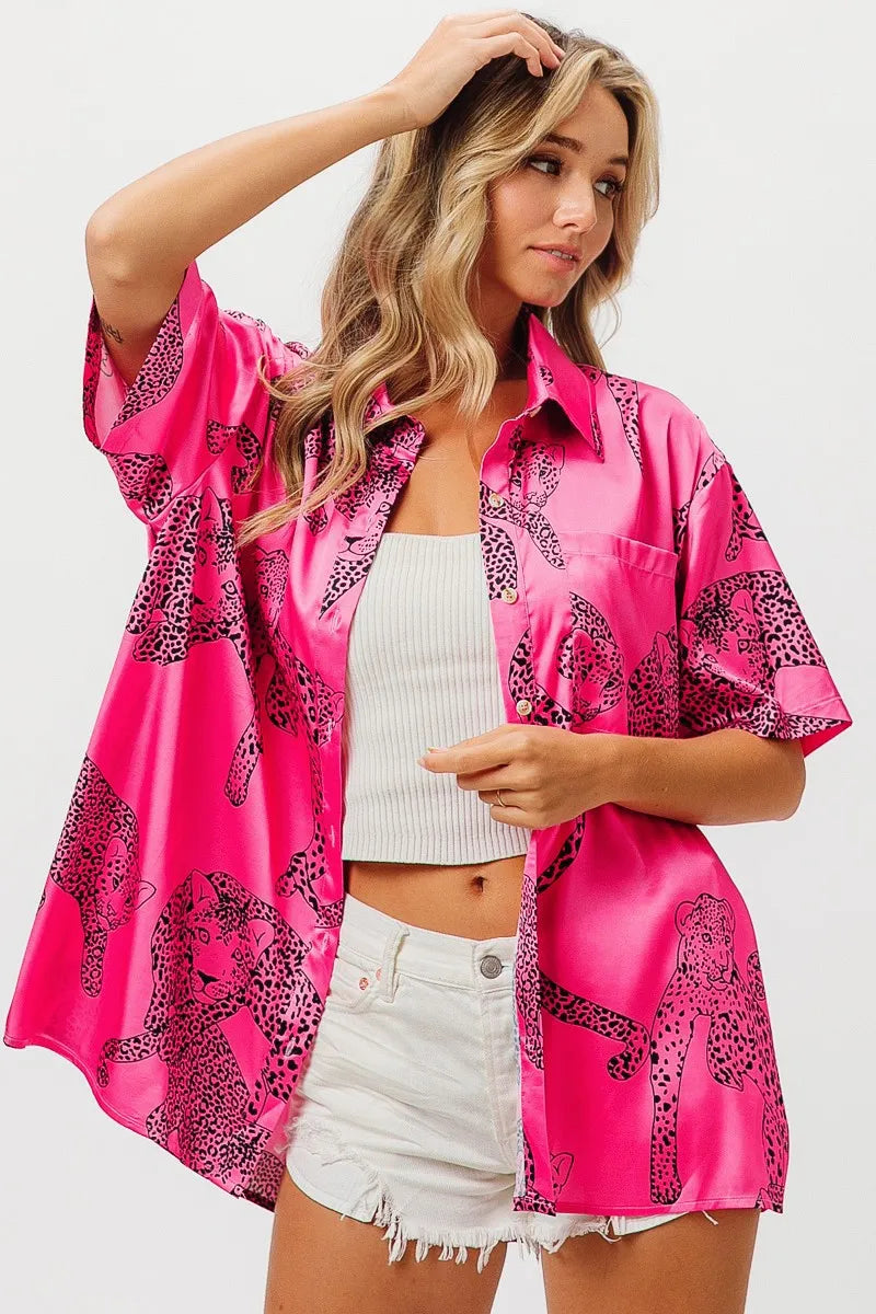 BiBi Leopard Print Short Sleeve Silky Satin Shirt Top for Women - Fashion Blouse for Casual Wear, Night Out & Office Outfits
