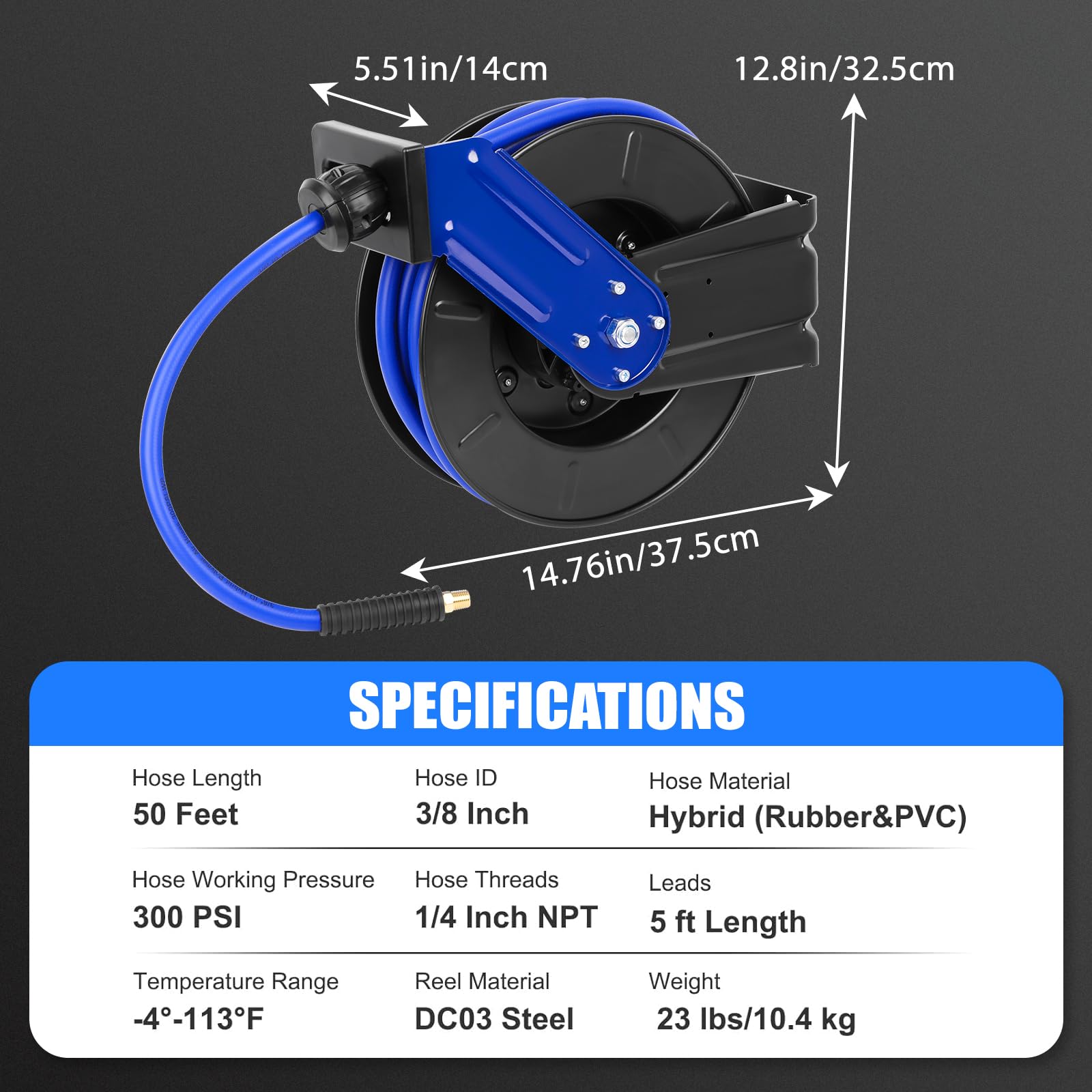 Heavy Duty Retractable Air Hose Reel - 3/8