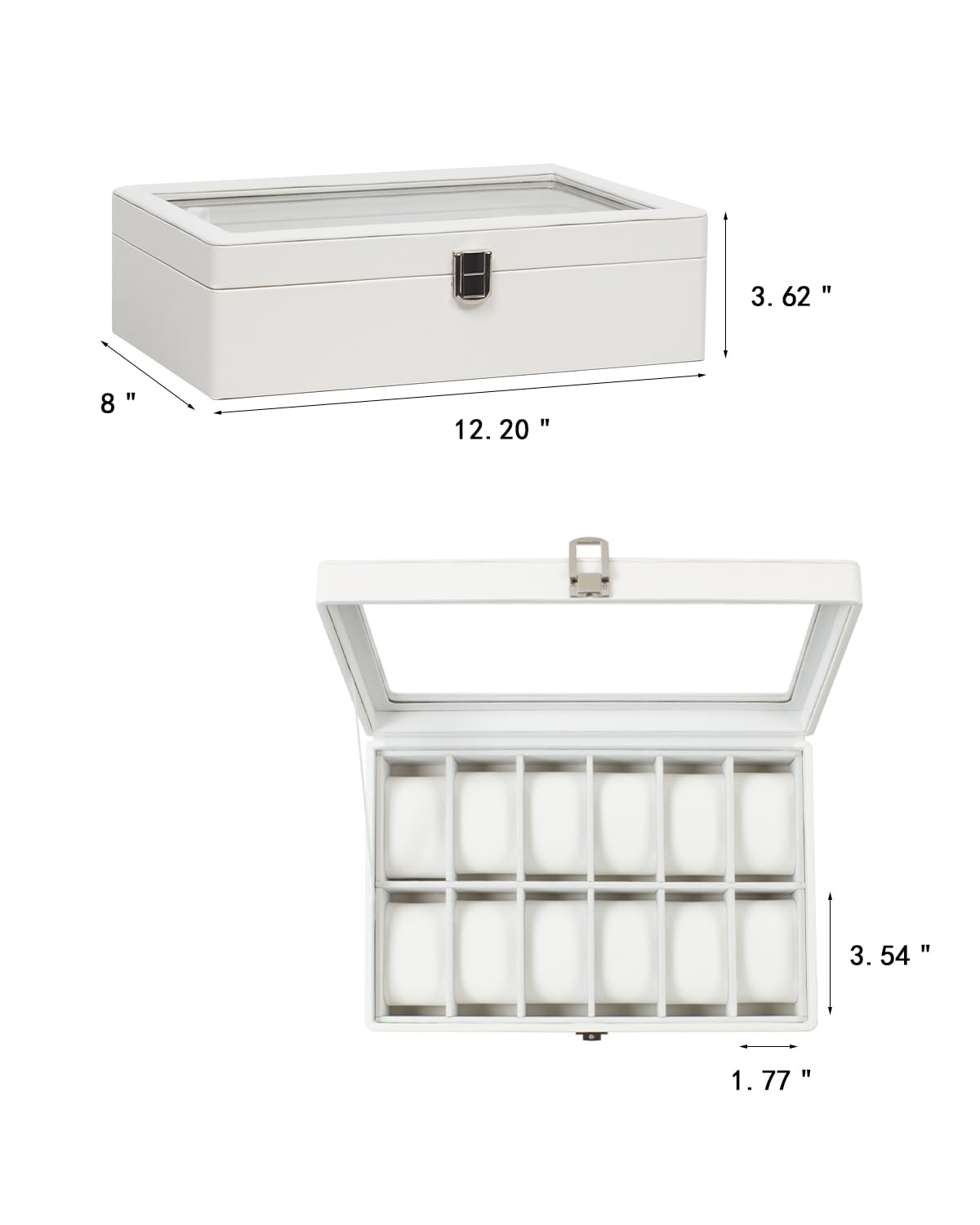 Premium GUKA 12-Slot Watch Box with Real Glass Lid & Removable Pillows - Luxury White Synthetic Leather Watch Organizer for Men | Perfect for Watch Collection Display, Storage & Travel