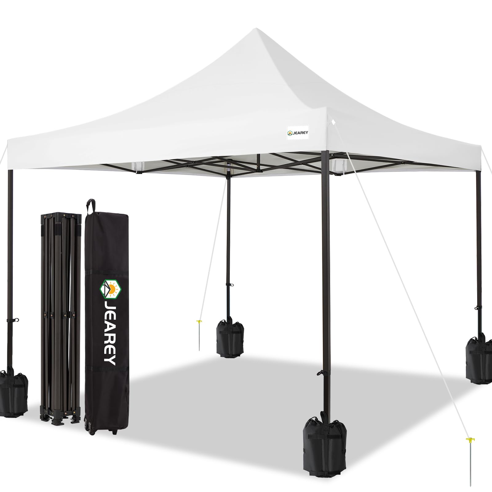 JEAREY Upgraded 10x10 Pop Up Canopy Tent - Heavy Duty Outdoor Canopy with Roller Bag & 4 Sand Bags, White - Perfect for Beach, Camping, Picnics, and Outdoor Events