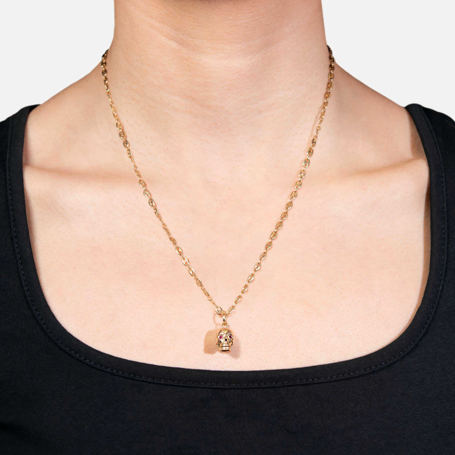 14K Gold Victorian Ruby Skull Charm Pendant with Mariner Chain - Gothic Jewelry for Women, Men - Perfect for Halloween, Punk Fashion & Unique Gifts