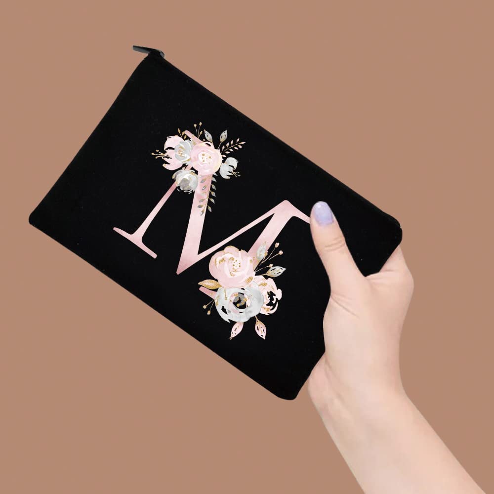 26 Letter Printed Zip Canvas Pouch - Waterproof Makeup Bag, Travel Cosmetic Organizer, Toiletry Case for Women - Perfect for Bridesmaid Gifts, School Pencil Case & Coin Purse (Pink Floral Design) - Ideal for Travel, Daily Use & Gift Giving