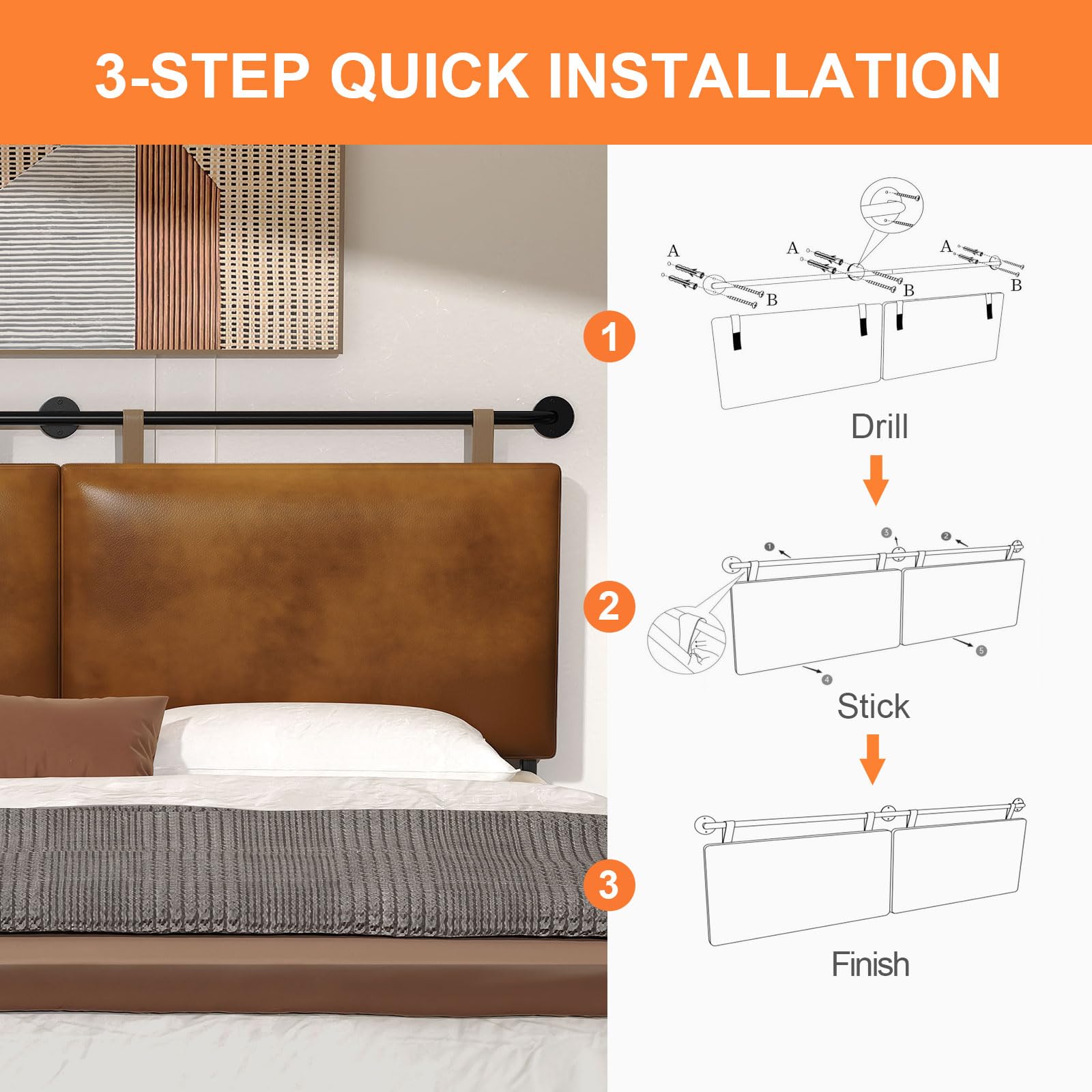 Industrial Pipe Queen Headboard - Brown Faux Leather Modern Bed Backboard | Space-Saving Hanging Design for Small Bedrooms & Studio Apartments