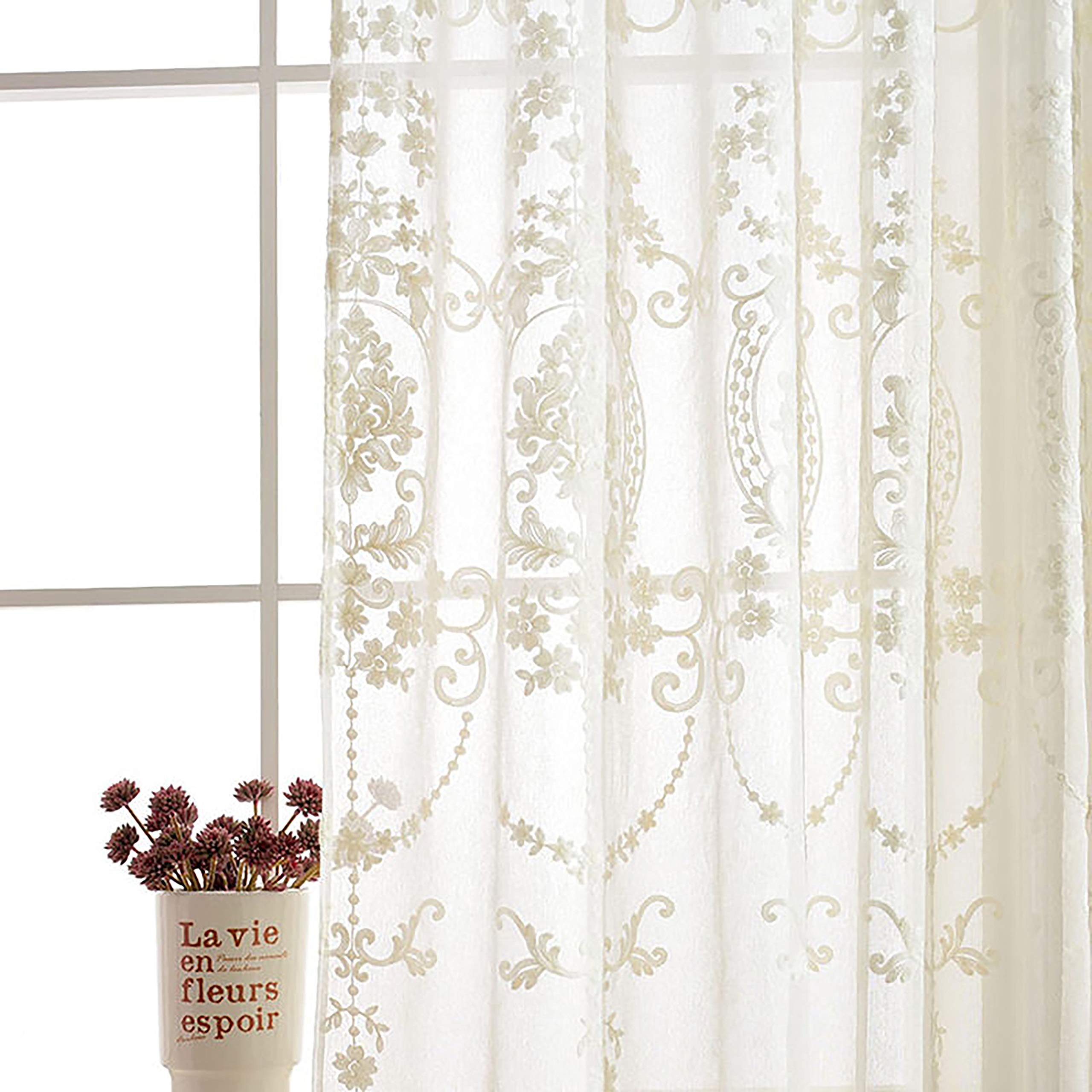 SLOW SOUL 2 Panels White Embroidered Sheer Curtains - European Style Floral Tulle Window Drapes for Living Room & Bedroom, Rod Pocket Design, 54W x 96L Inches - Perfect for Soft Lighting & Romantic Home Decor