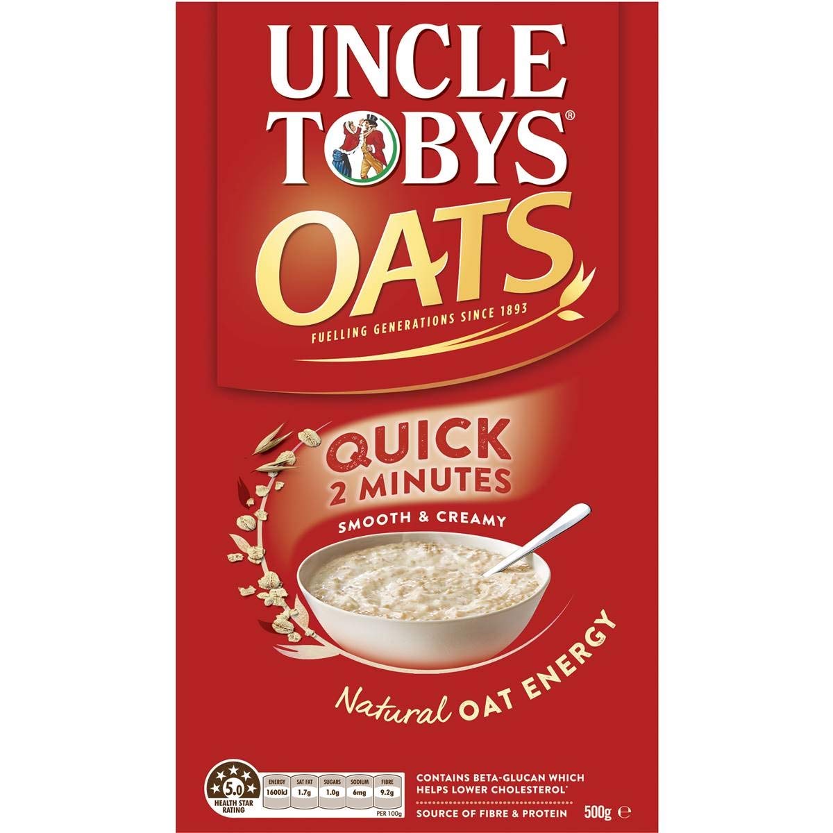 Uncle Tobys Quick Oats 500g - Instant Rolled Oatmeal for Breakfast, Baking & Healthy Snacks - High Fiber Whole Grain Cereal for Energy & Weight Loss