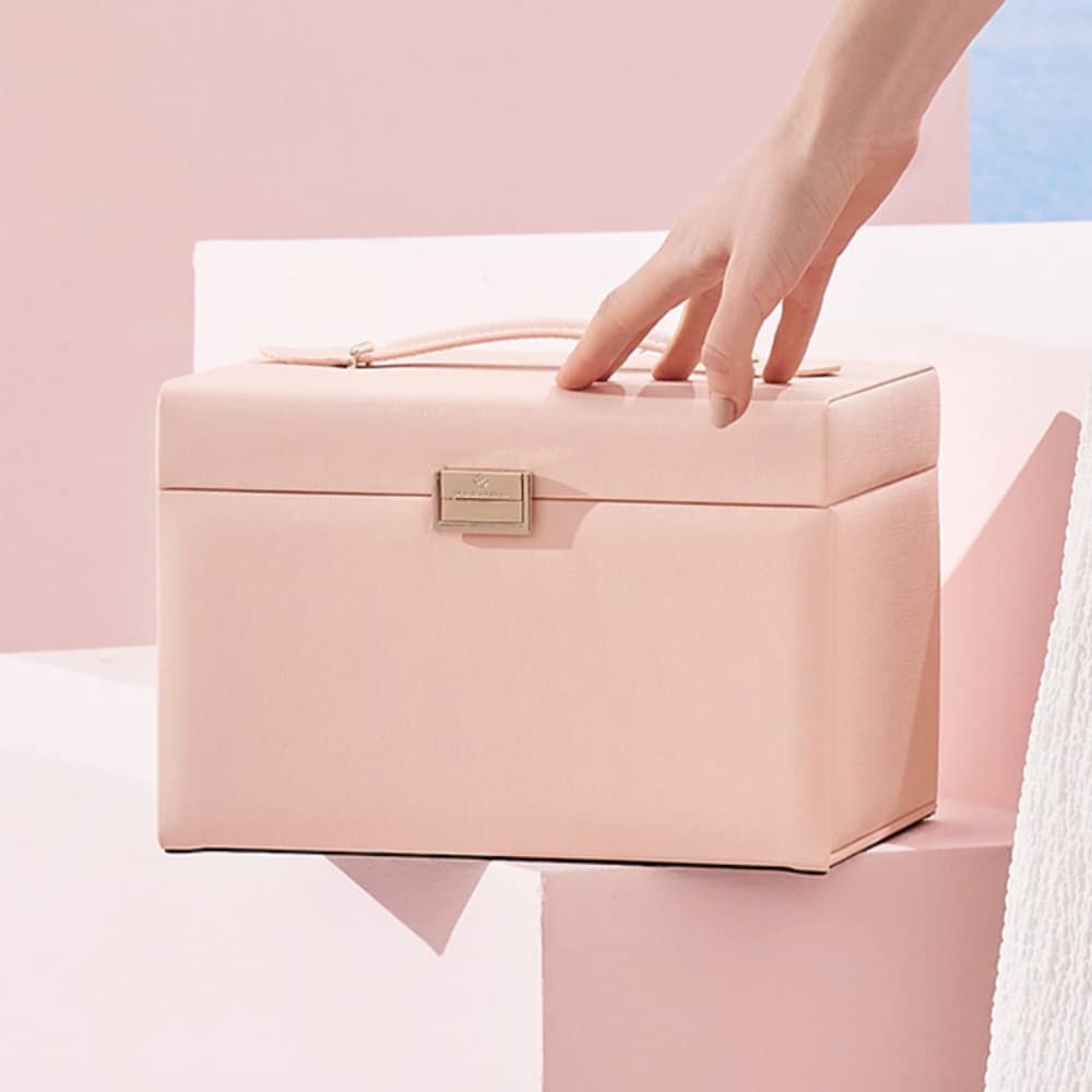 Vlando Leather Jewelry Box Organizer - Mirror Jewelry Storage Case for Necklaces, Earrings, Rings & Bracelets - Pink Jewelry Organizer for Dresser, Vanity & Travel | Perfect Gift for Women & Girls
