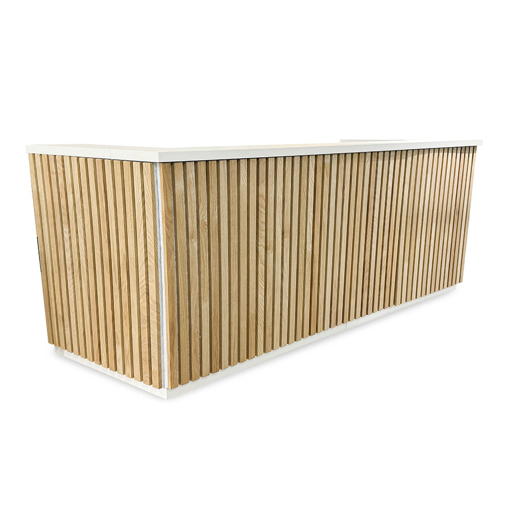 KENTO 240cm Modern Reception Desk - Timber Slat Acoustic Panel Design in White & Oak Finish - Perfect for Office Lobby, Hotel Front Desk, and Corporate Waiting Areas