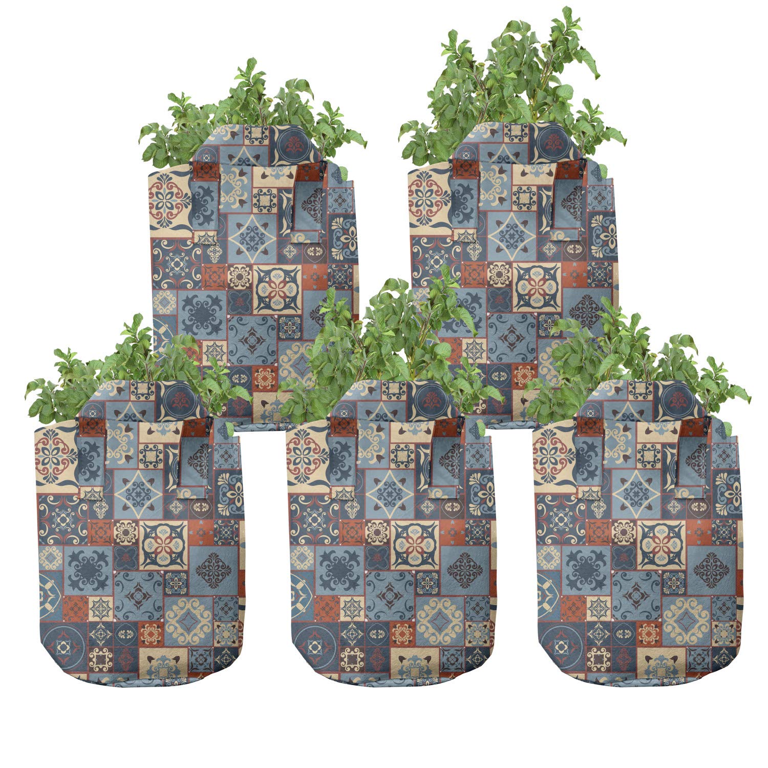 Ambesonne 5-Pack Moroccan Grow Bags - Heavy Duty Fabric Plant Pots with Handles, 7 Gallon Capacity, Dark Orange & Slate Blue - Perfect for Indoor/Outdoor Gardening, Vegetables, Flowers & Herbs