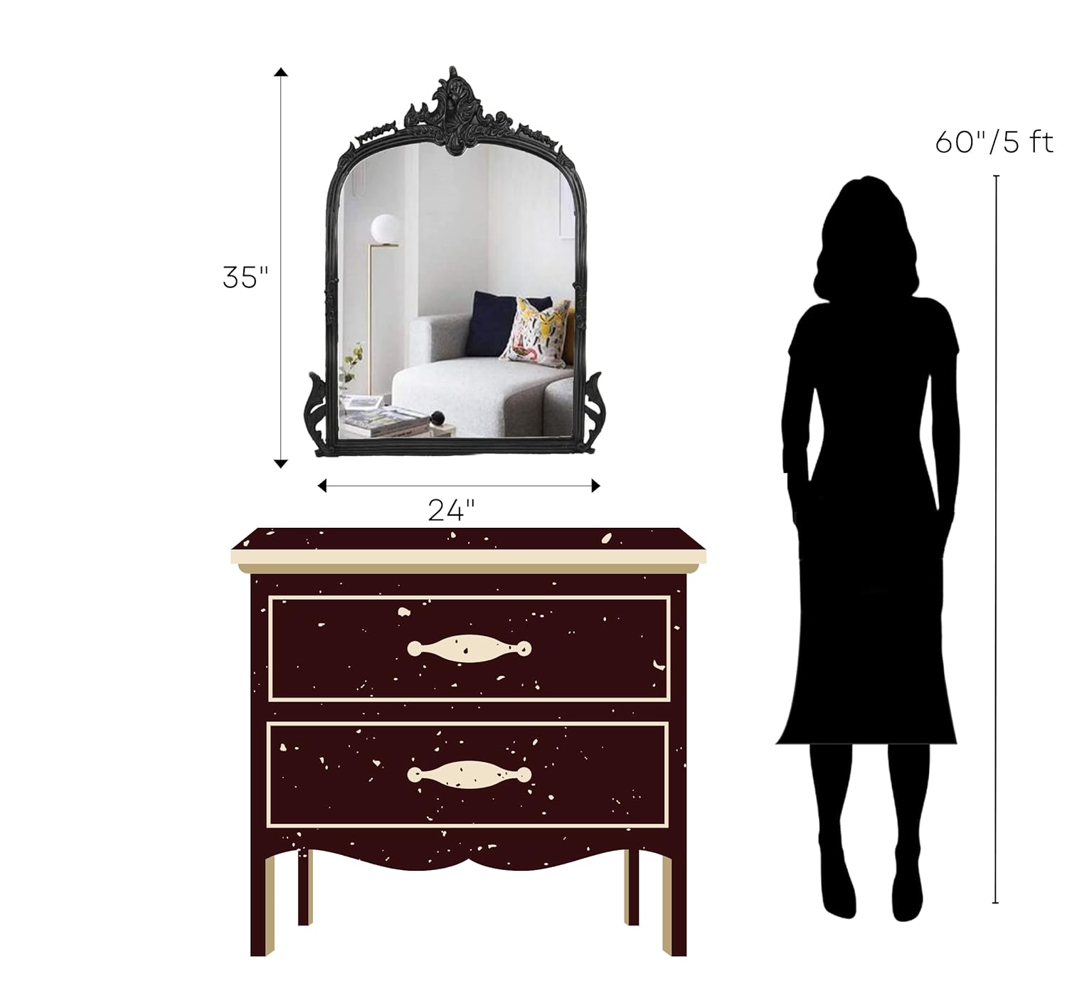 CORSICA Victorian Premium Metal Frame Arched Hand-Cast Mirror Black 90cm - Elegant Wall Decor for Living Room, Bedroom & Entryway