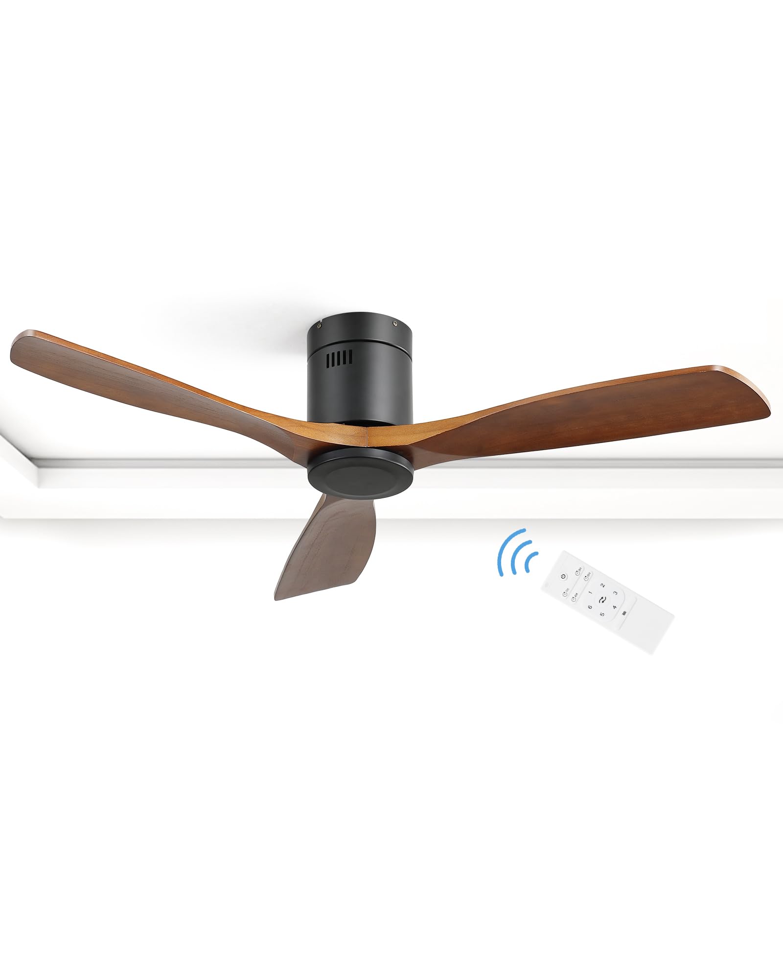 52 Inch Low Profile Flush Mount Ceiling Fan No Light - 6 Speed & 3 Timer Remote Control, 3 Wood Blades, Ultra Quiet Reversible DC Motor - Perfect for Bedrooms, Living Rooms, Patios, and Outdoor Covered Spaces