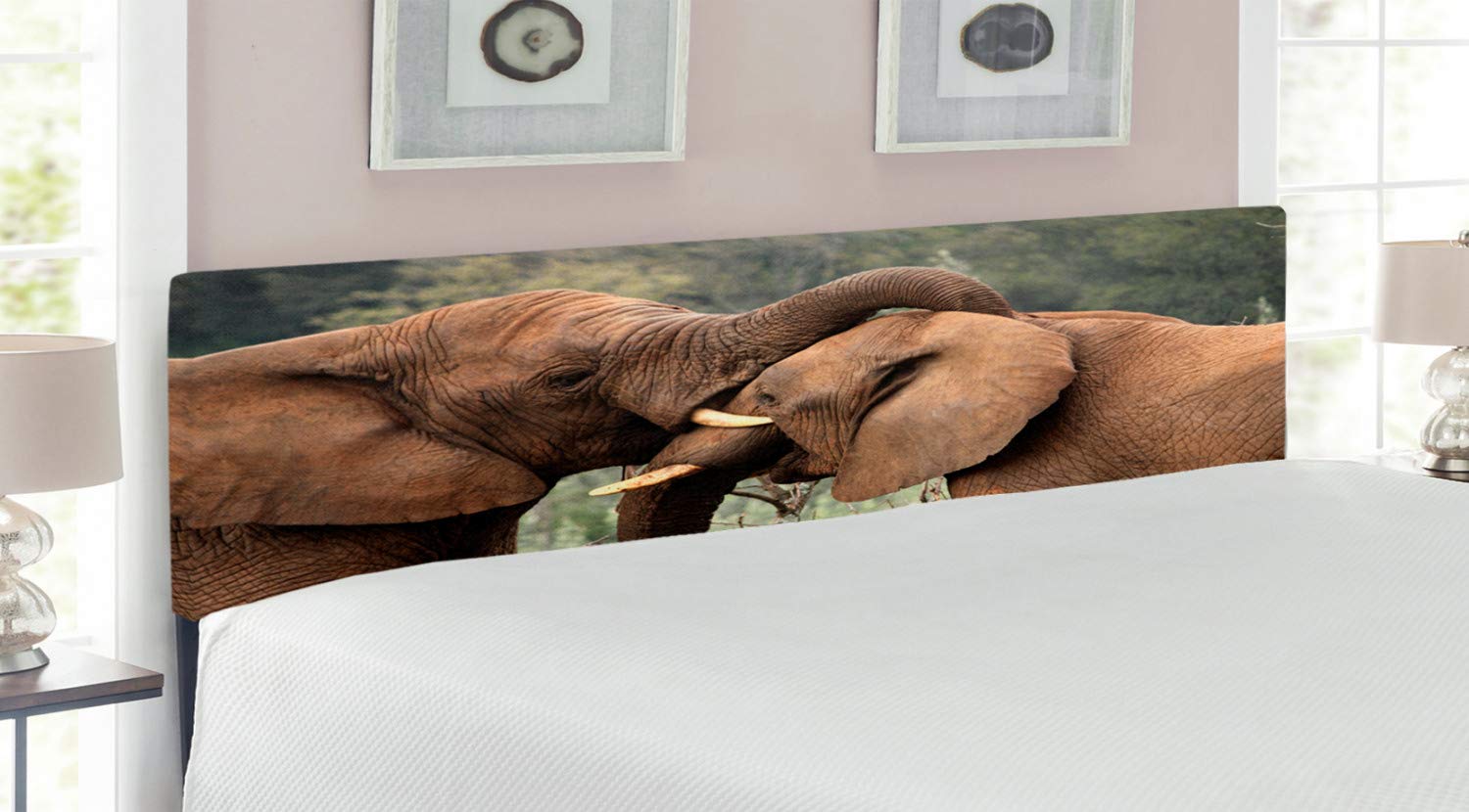 Ambesonne Savannah King Size Upholstered Headboard - Wild Animals Wrestling Nature Photo, Decorative Metal Frame with Memory Foam in Brown & Green | Perfect for Safari Bedroom Decor & Wildlife Theme Interiors