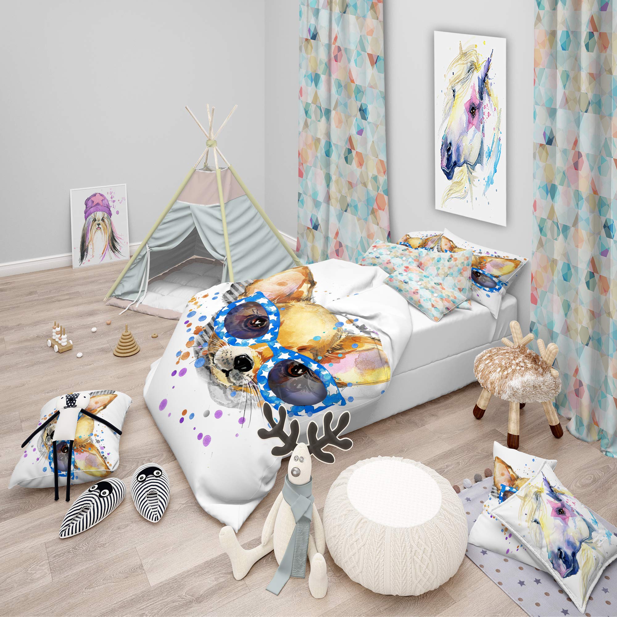 Cute Puppy with Blue Glasses Duvet Cover Set Queen - 3 Piece Animal Print Bedding Set for All Seasons | Soft & Comfortable Traditional Blue Duvet Cover | Perfect for Kids' Rooms, Guest Bedrooms & Cozy Home Decor