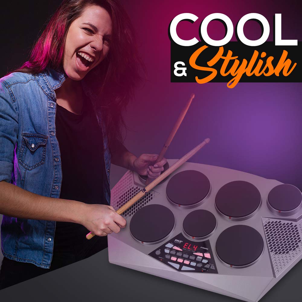 Pyle Pro Electronic Drum Kit - Portable Electric Tabletop Drum Set with 7 Drum Pads, Hi-Hat/Kick Bass Pedal, USB & AUX Input - Perfect for Home Practice, Studio Recording & Live Performances