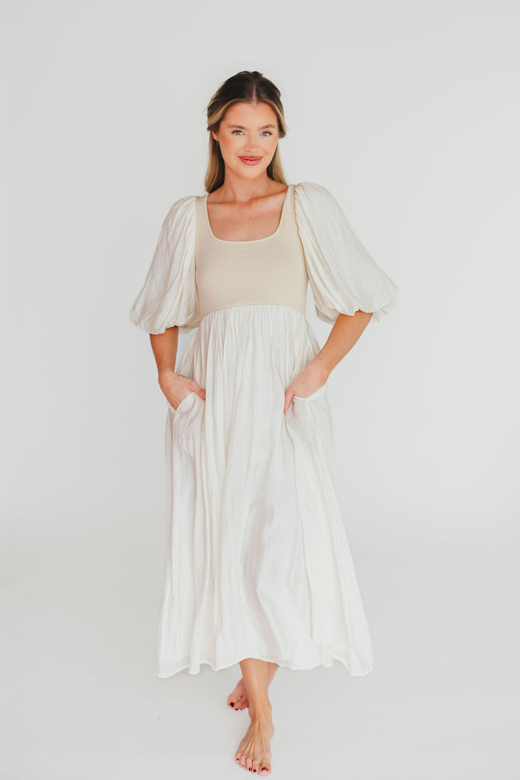 Raina Women's Maternity Midi Dress with Puff Sleeves - Bump Friendly Flowy Summer Dress in Natural - Perfect for Baby Showers, Brunch Dates & Pregnancy Photoshoots