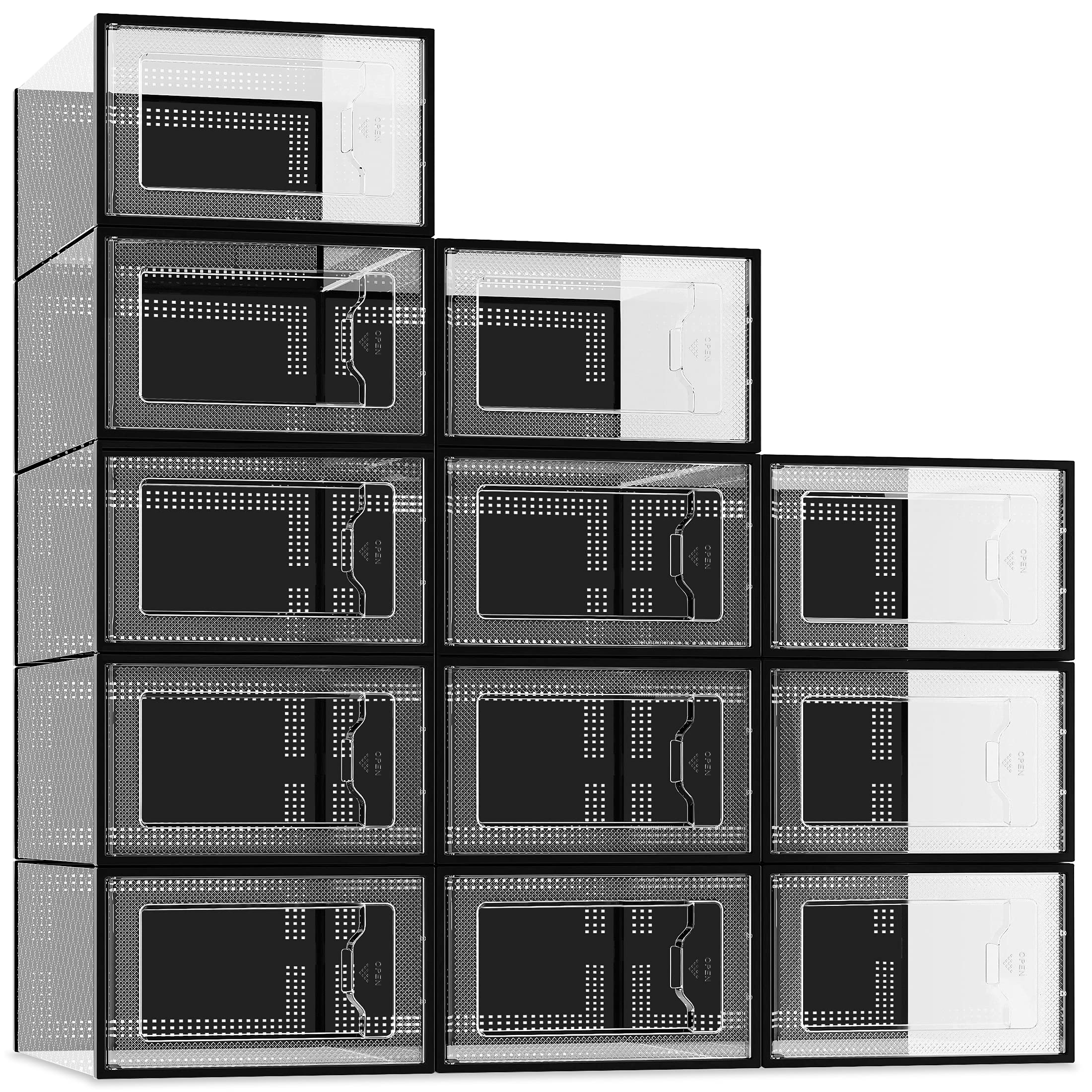 SEESPRING 12 Pack Clear Plastic Shoe Storage Boxes - Stackable Shoe Organizer for Closet, Foldable Sneaker Containers & Shoe Bins (Black) | Space Saving Solution for Bedroom, Entryway & Dorm Organization