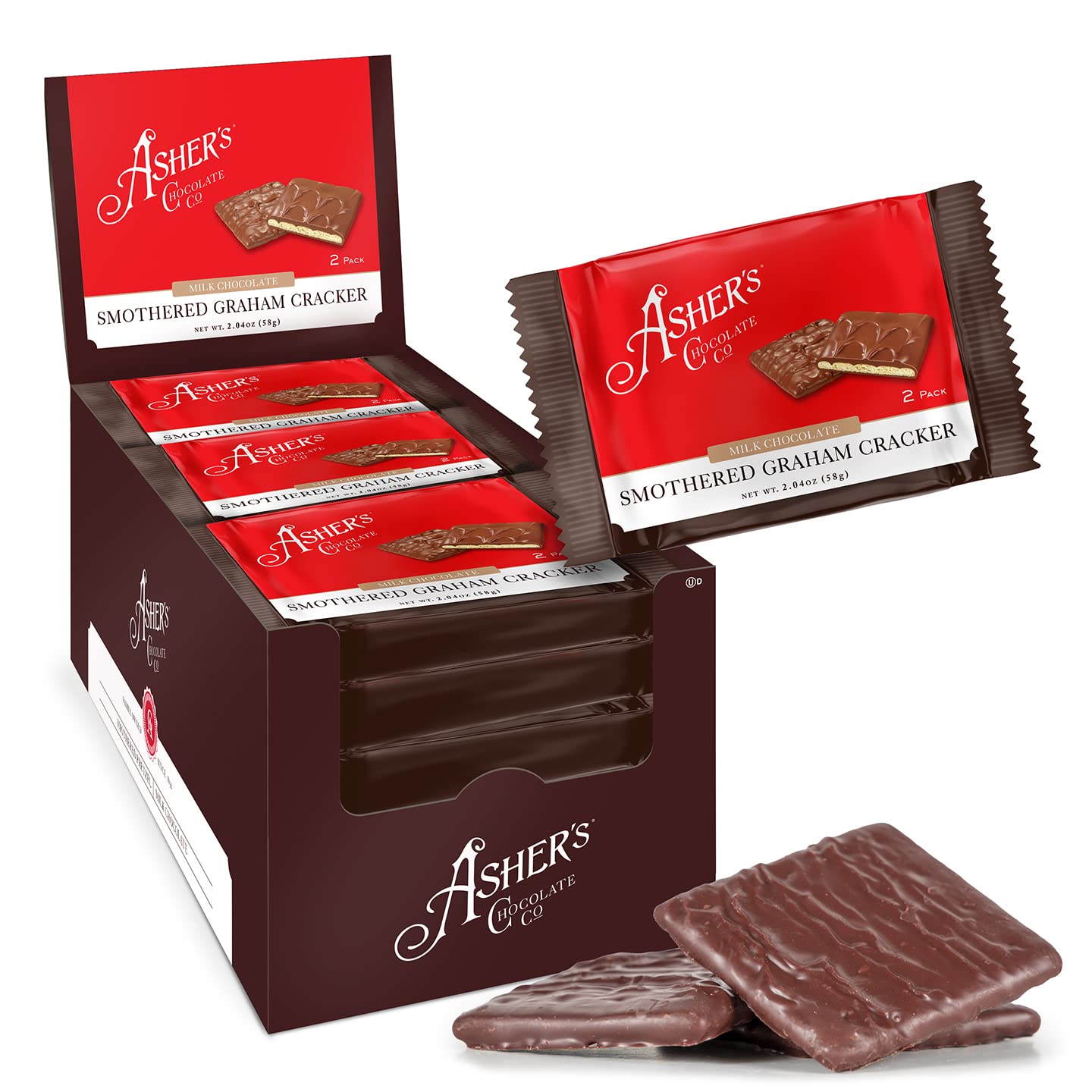 Asher's Premium Milk Chocolate Covered Grahams - Gourmet Sweet & Salty Candy Snacks - Individually Wrapped (15 Count x 2 Packs) - Family-Owned Since 1892 - Perfect for Parties, Gifts & Office Treats