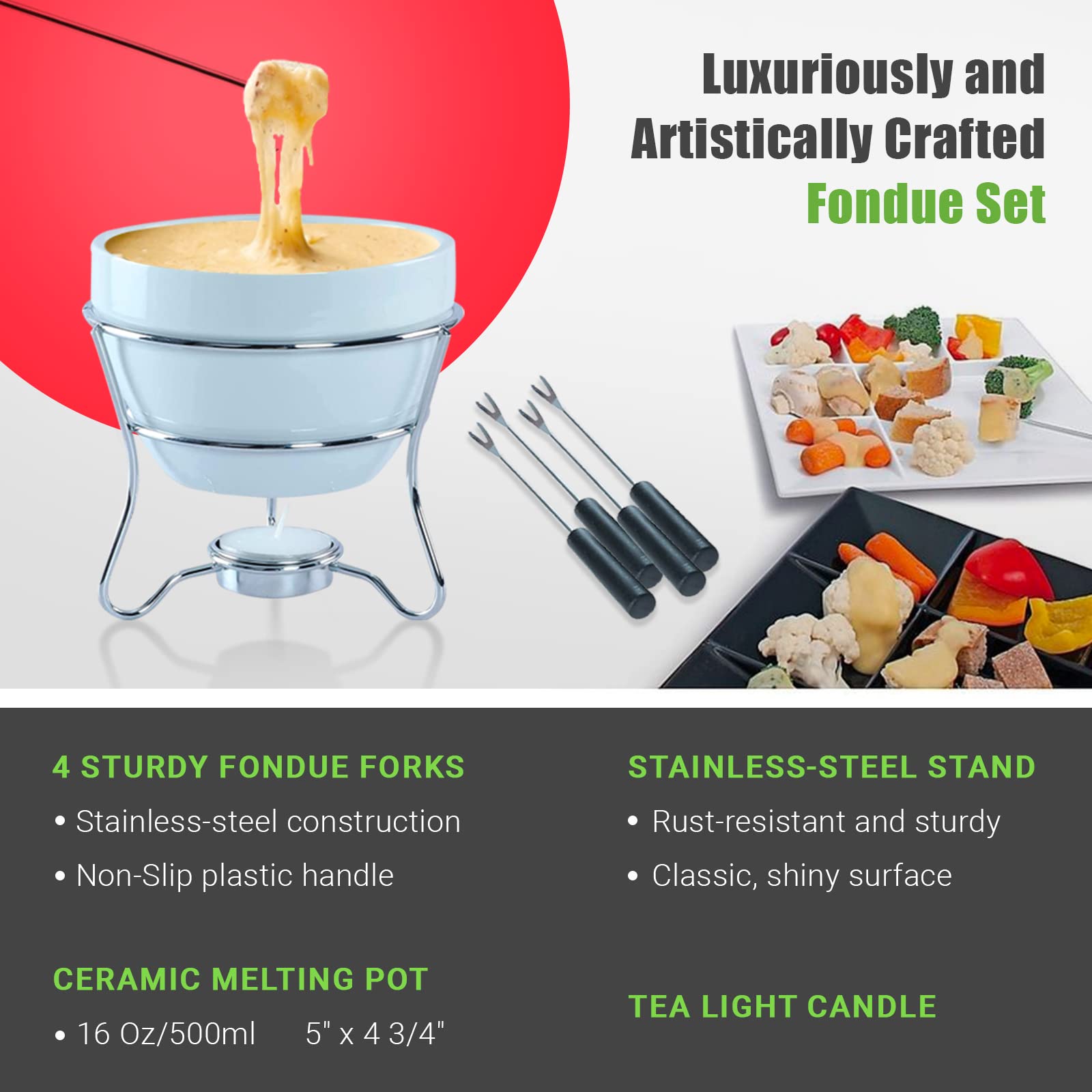 Premium Chocolate Fondue Pot Set with 4 Stainless Steel Dipping Forks & Tea Light Candle Holder - Perfect for Valentine's Day Gifts, Romantic Dinners, Parties & Family Gatherings - Ideal for Melting Chocolate, Cheese & Butter