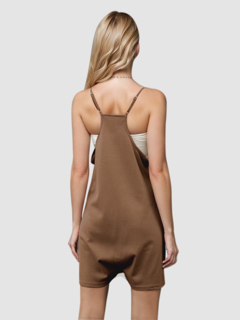 Women's Summer Casual Waffle Knit Romper - Loose Fit Spaghetti Strap Sleeveless Jumpsuit with Pockets | Breathable Short Overalls for Beach, Vacation & Outdoor Activities