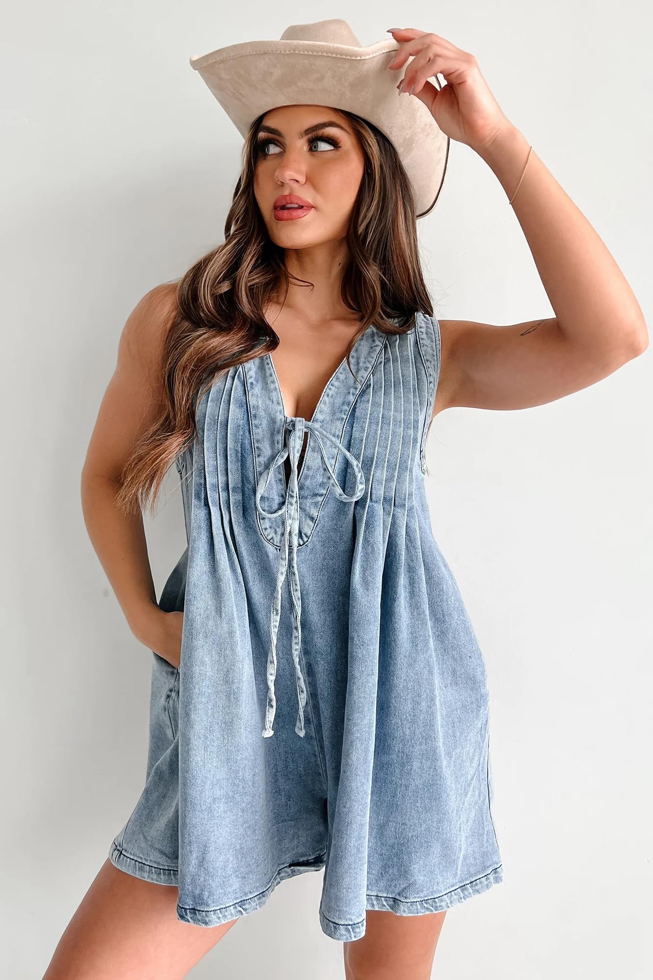 UTCoco Women's Summer Casual Sleeveless Denim Romper - Tie Front V Neck Jean Overalls with Pockets | Beach Outfit, Streetwear, Vacation Wear