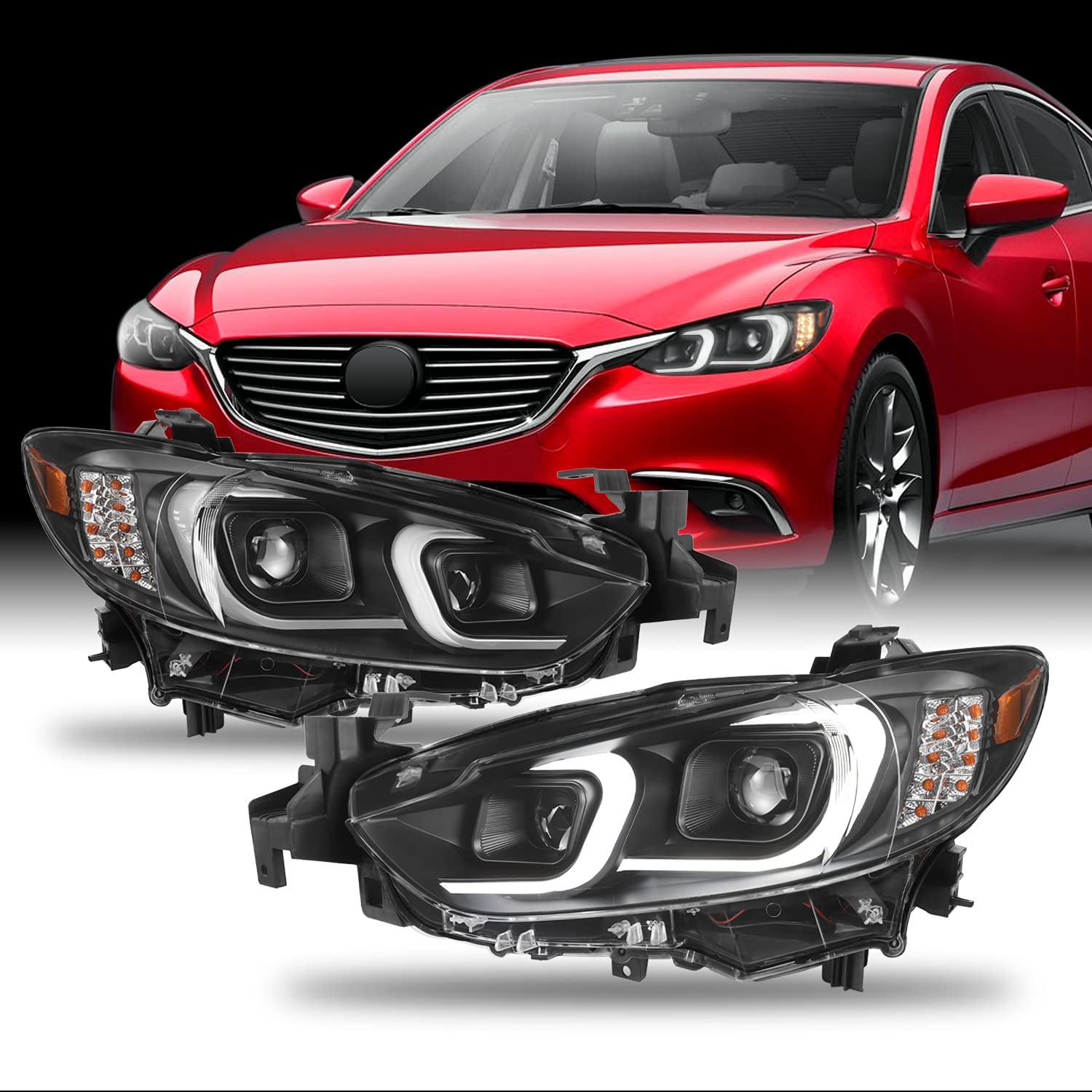 AKKON C-Shape LED DRL Light Tube Projector Headlights - Compatible with 2014-2017 Mazda 6, Black Housing - Upgrade Your Car's Style & Visibility for Night Driving & Foggy Conditions
