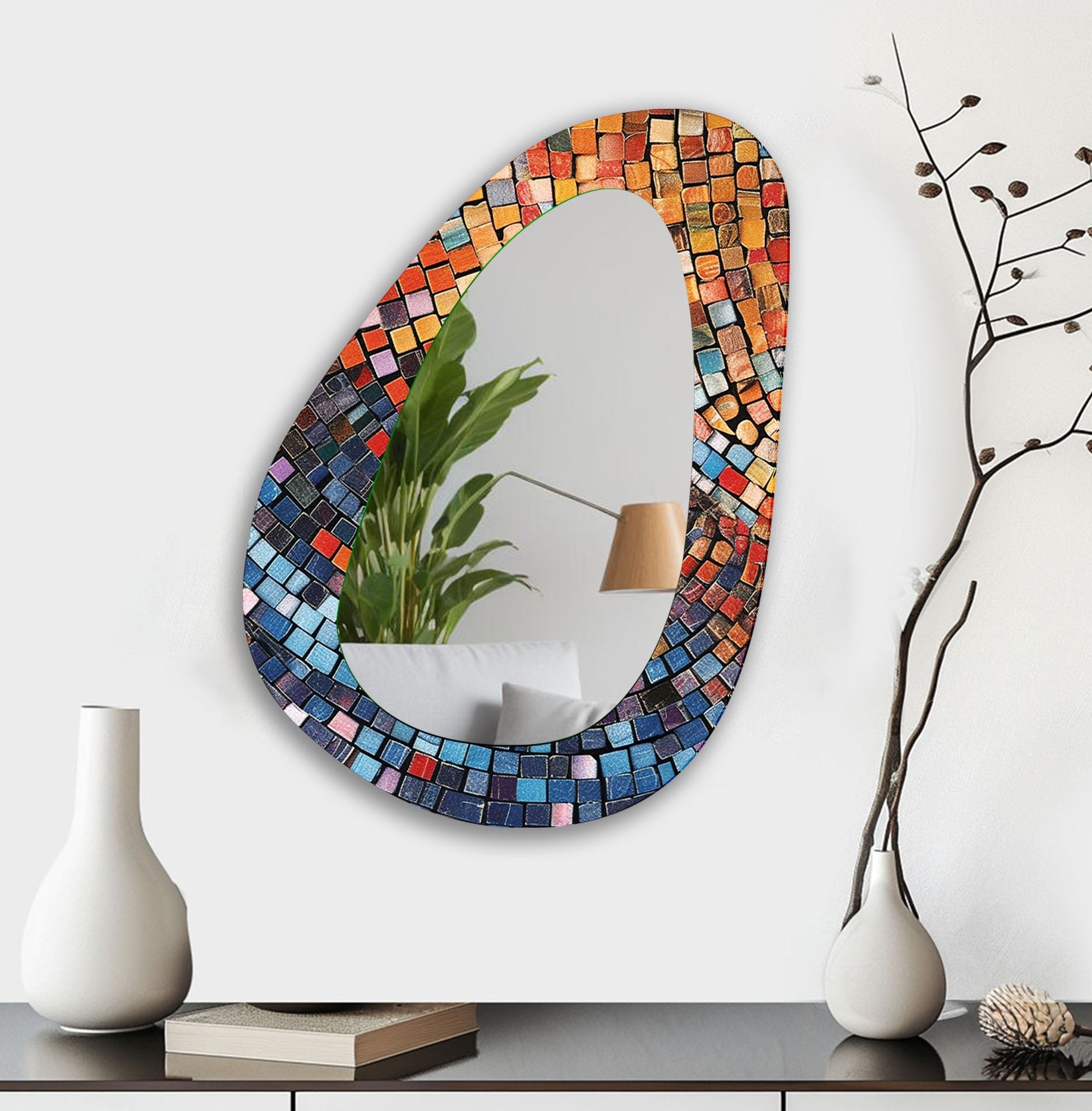 Vibrant Mosaic Wall Mirror - Handcrafted Decorative Mirror for Living Room, Bedroom & Bathroom - Perfect for Home Decor & Interior Design