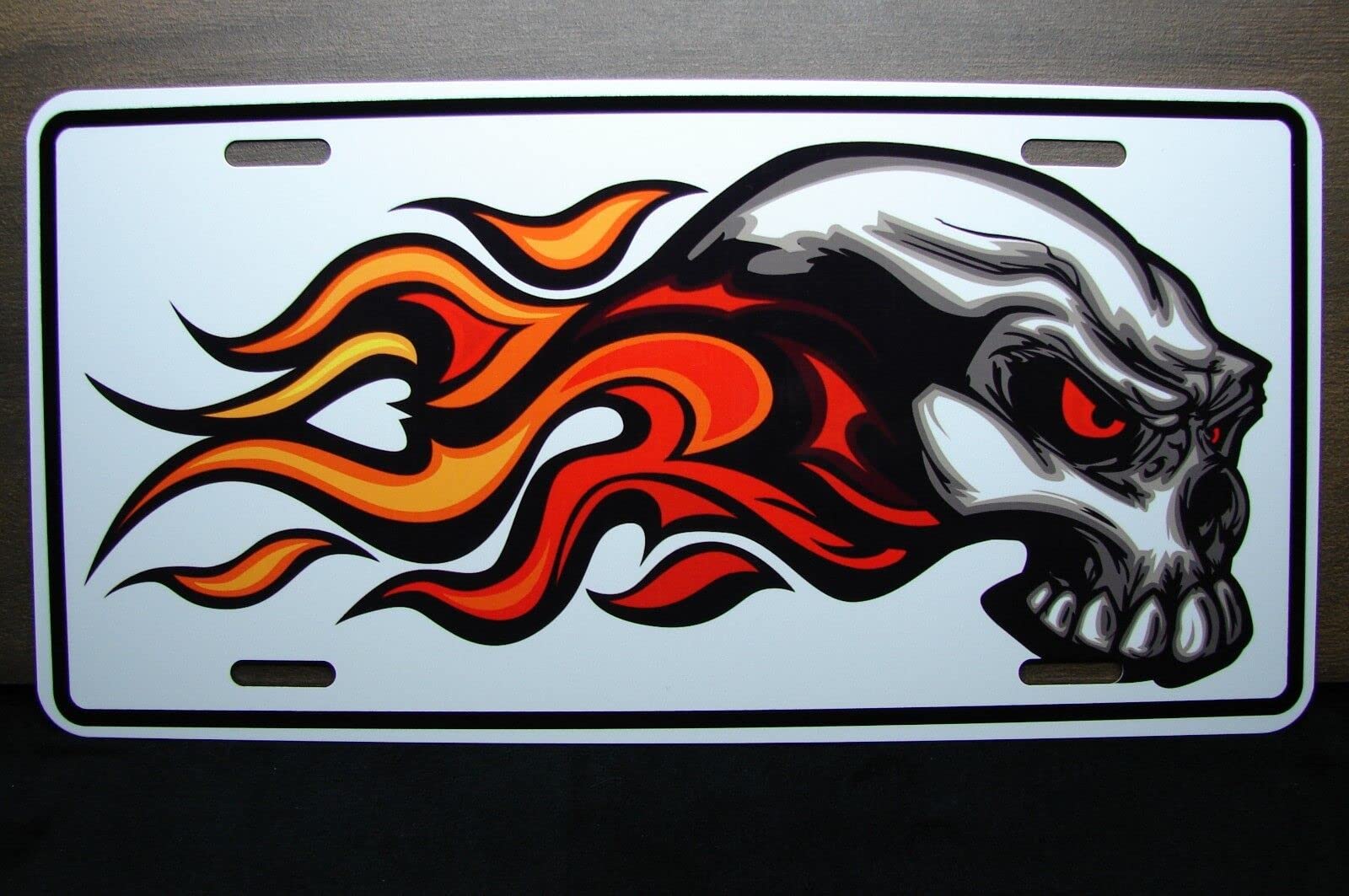Flaming Skull Metal Car License Plate - Durable Auto Tag for Vehicles, Men's Den, Garage & Workshop Decor - Perfect for Halloween, Car Shows & Man Cave Wall Art
