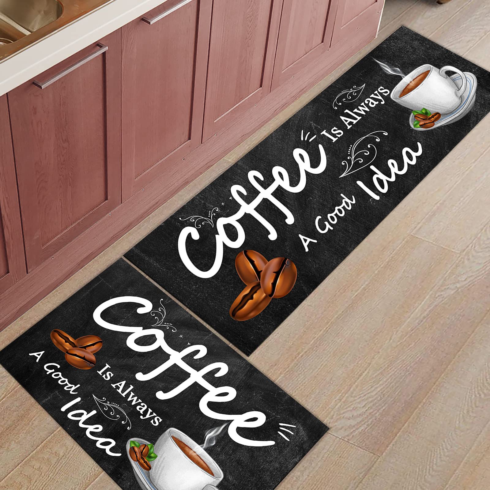 Vintage Coffee Bean Pattern 2-Piece Kitchen Rug Set - Super Soft Microfiber, Non-Slip, Absorbent & Stain Resistant Floor Mats for Kitchen, Sink & Laundry Areas (23.6