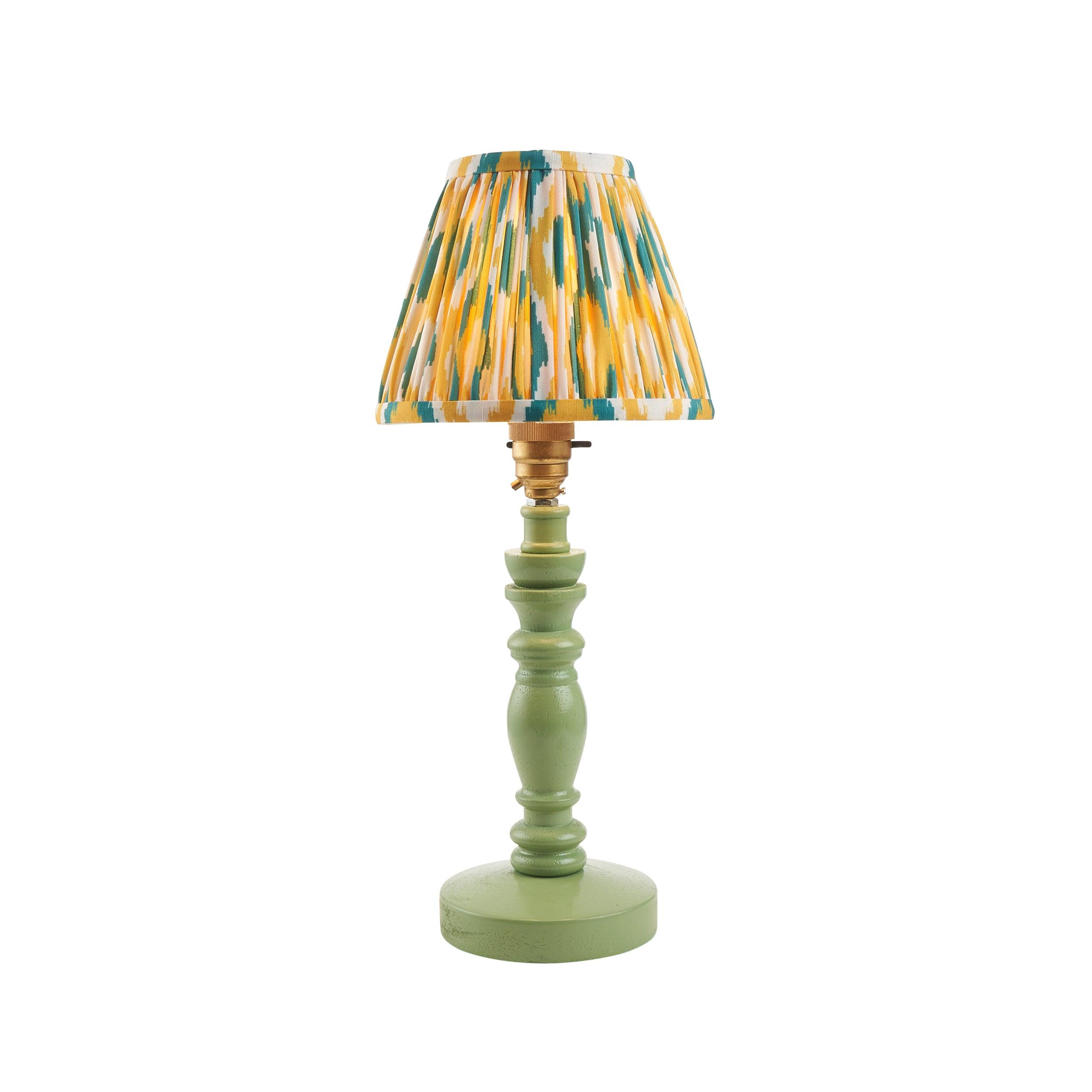Bibury Green Table Lamp with Ikat 16cm Yellow & Jade Shade - Modern Home Decor for Living Room, Bedroom & Office Lighting