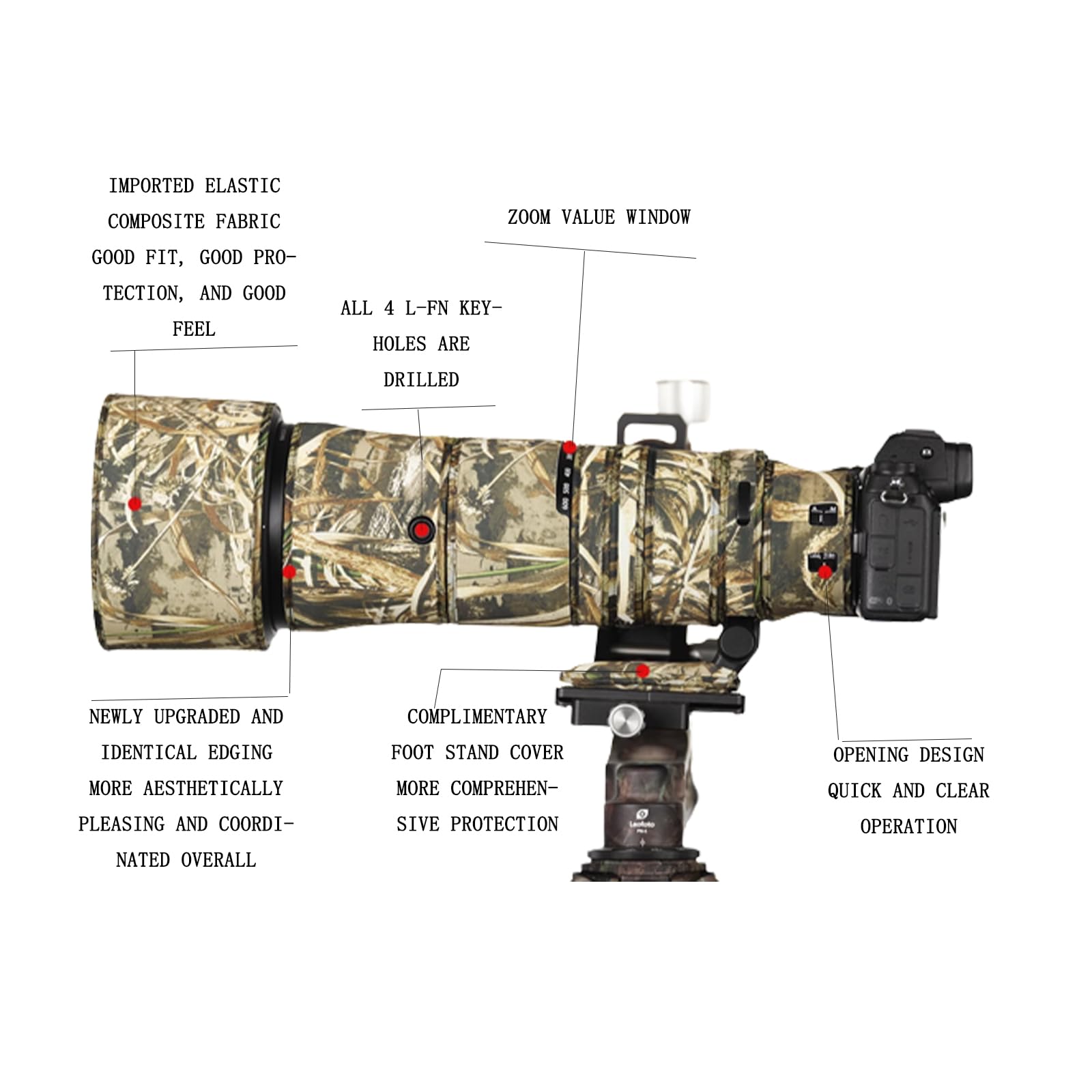 MUEAST Camouflage Stretch Fabric Lens Cover - Waterproof Rain Protection Sleeve for NIKKOR Z 180-600mm F5.6-6.3 VR Lens (Reed Camouflage) | Outdoor Photography Gear for Wildlife & Nature Shoots